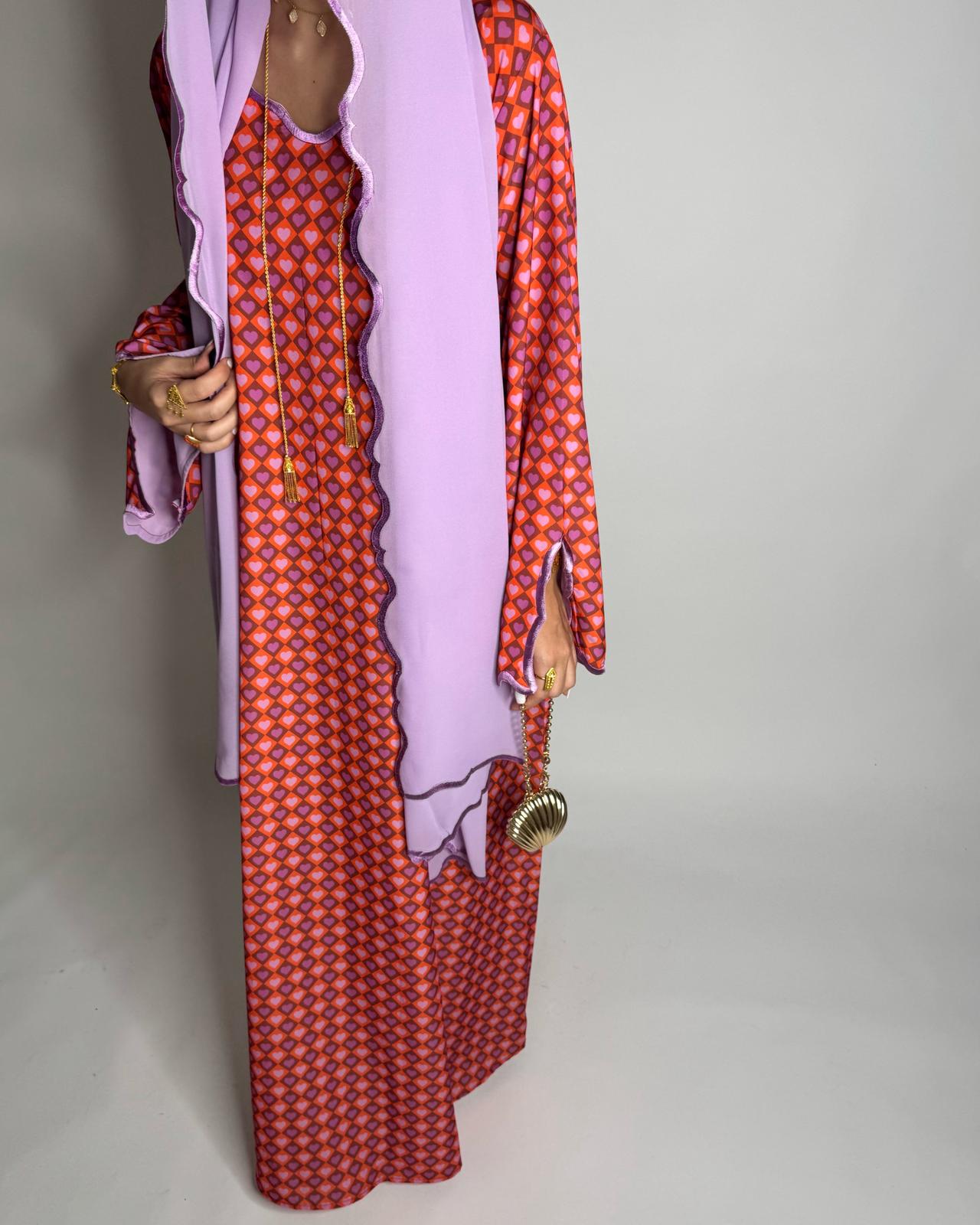 A512 - Red & Lilac Purple Heart Pattern Jalabiya and Head Scarf