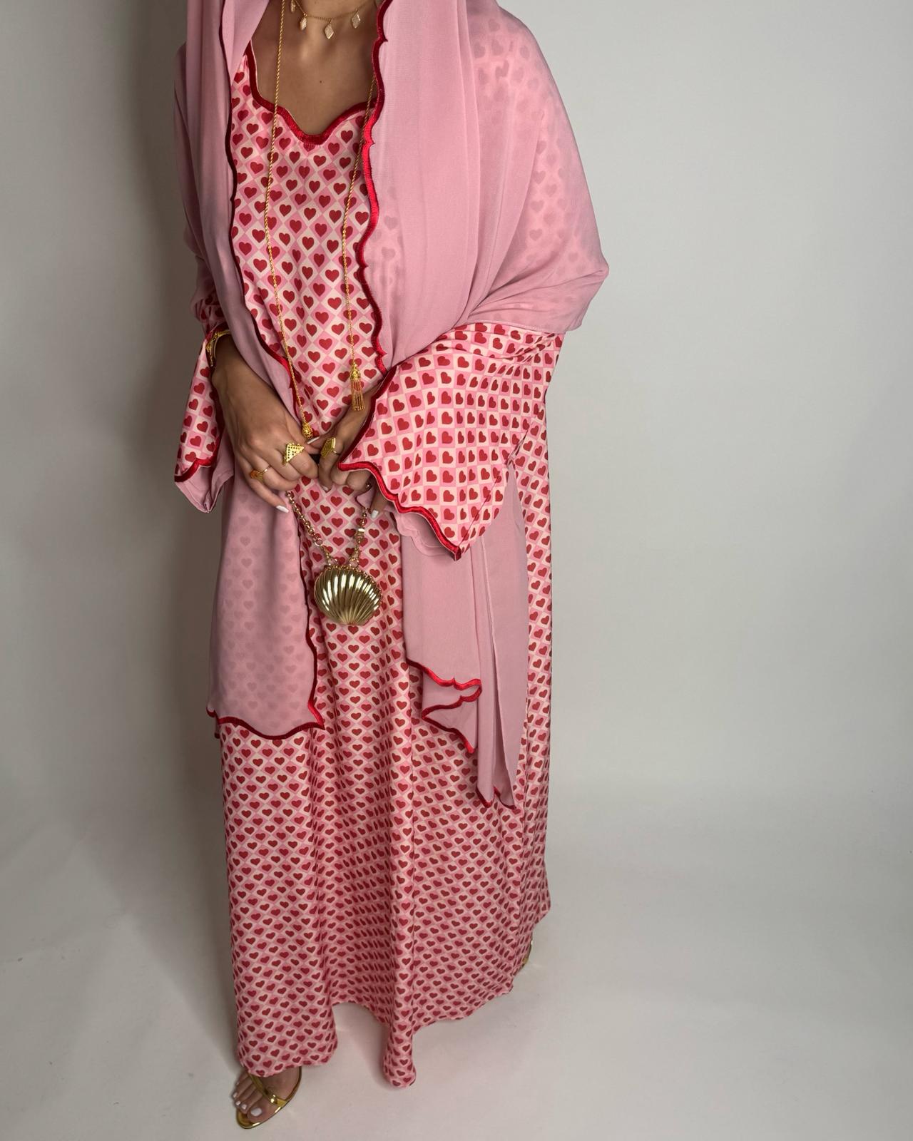 A510 - Pink & Red Heart Pattern Jalabiya and Head Scarf