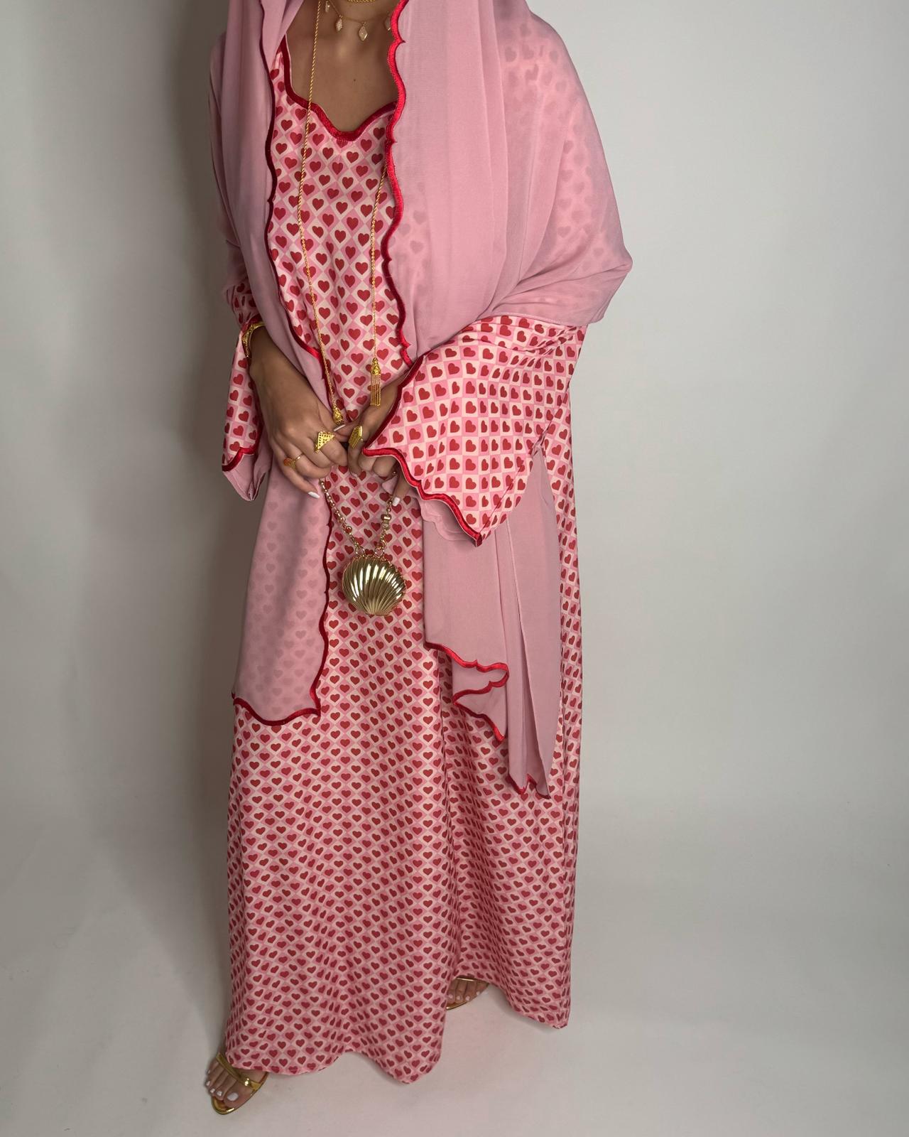 A510 - Pink & Red Heart Pattern Jalabiya and Head Scarf