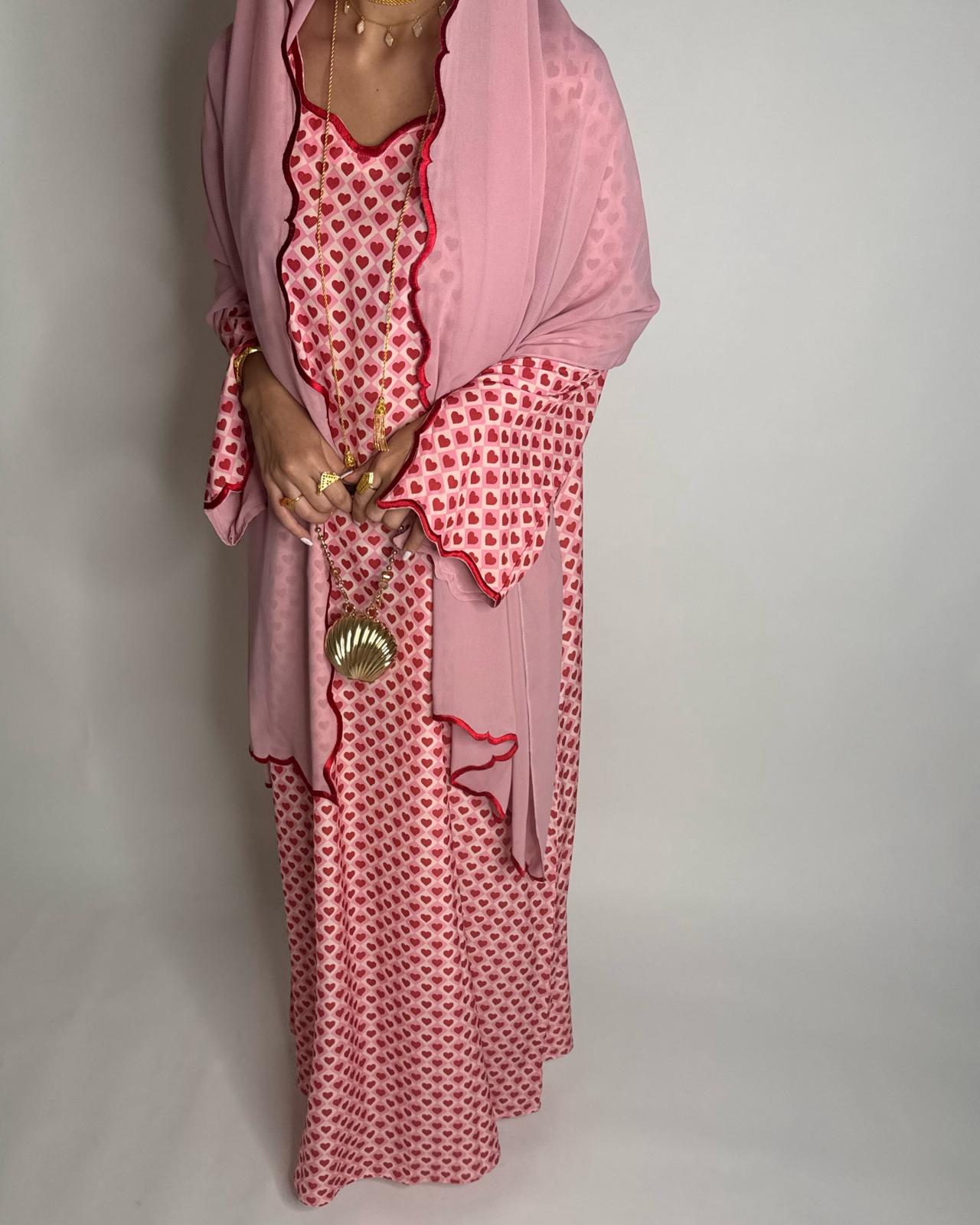 A510 - Pink & Red Heart Pattern Jalabiya and Head Scarf