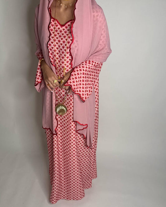 A510 - Pink & Red Heart Pattern Jalabiya and Head Scarf