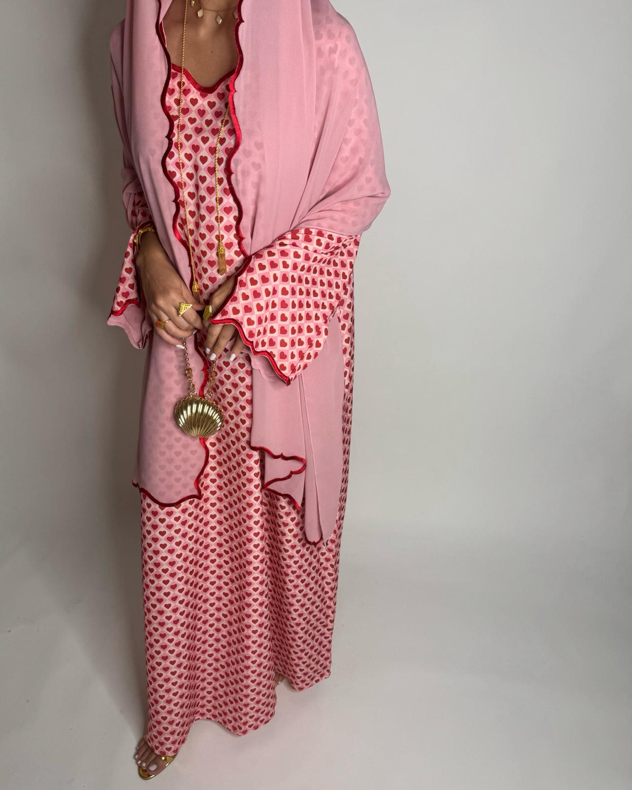 A510 - Pink & Red Heart Pattern Jalabiya and Head Scarf