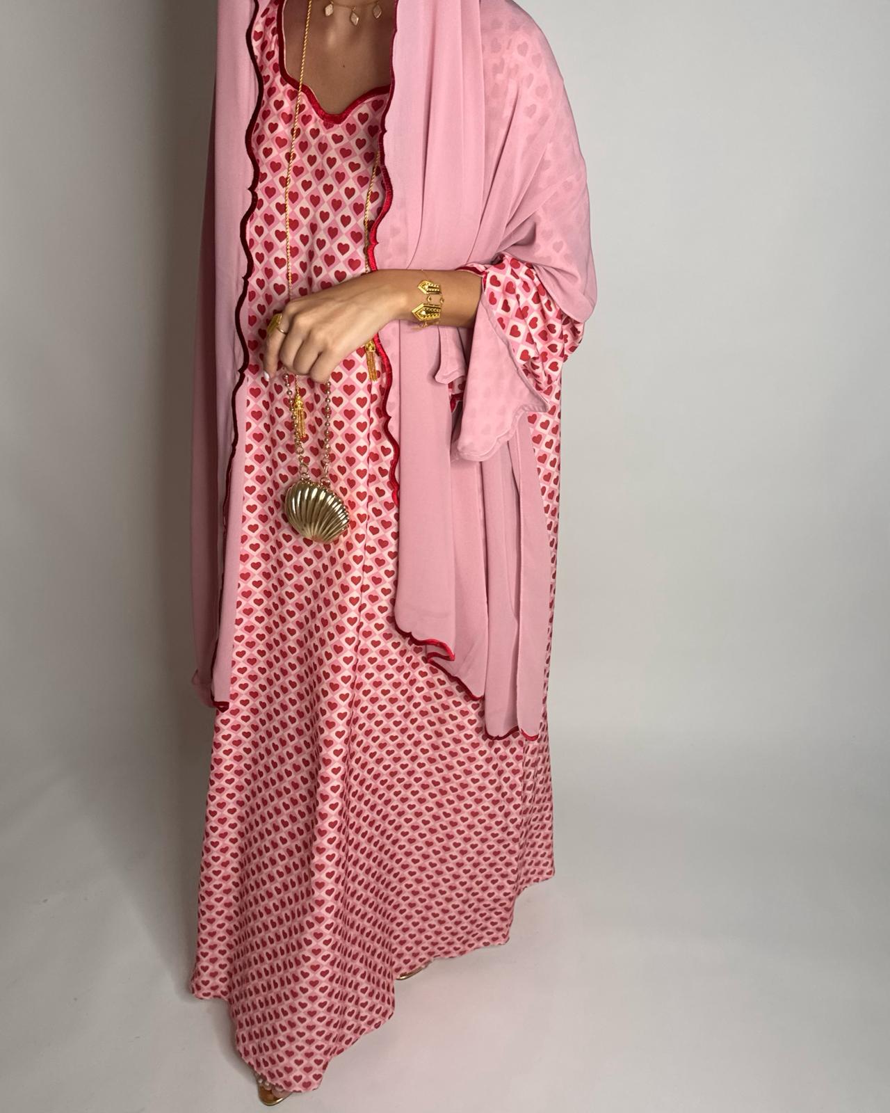 A510 - Pink & Red Heart Pattern Jalabiya and Head Scarf