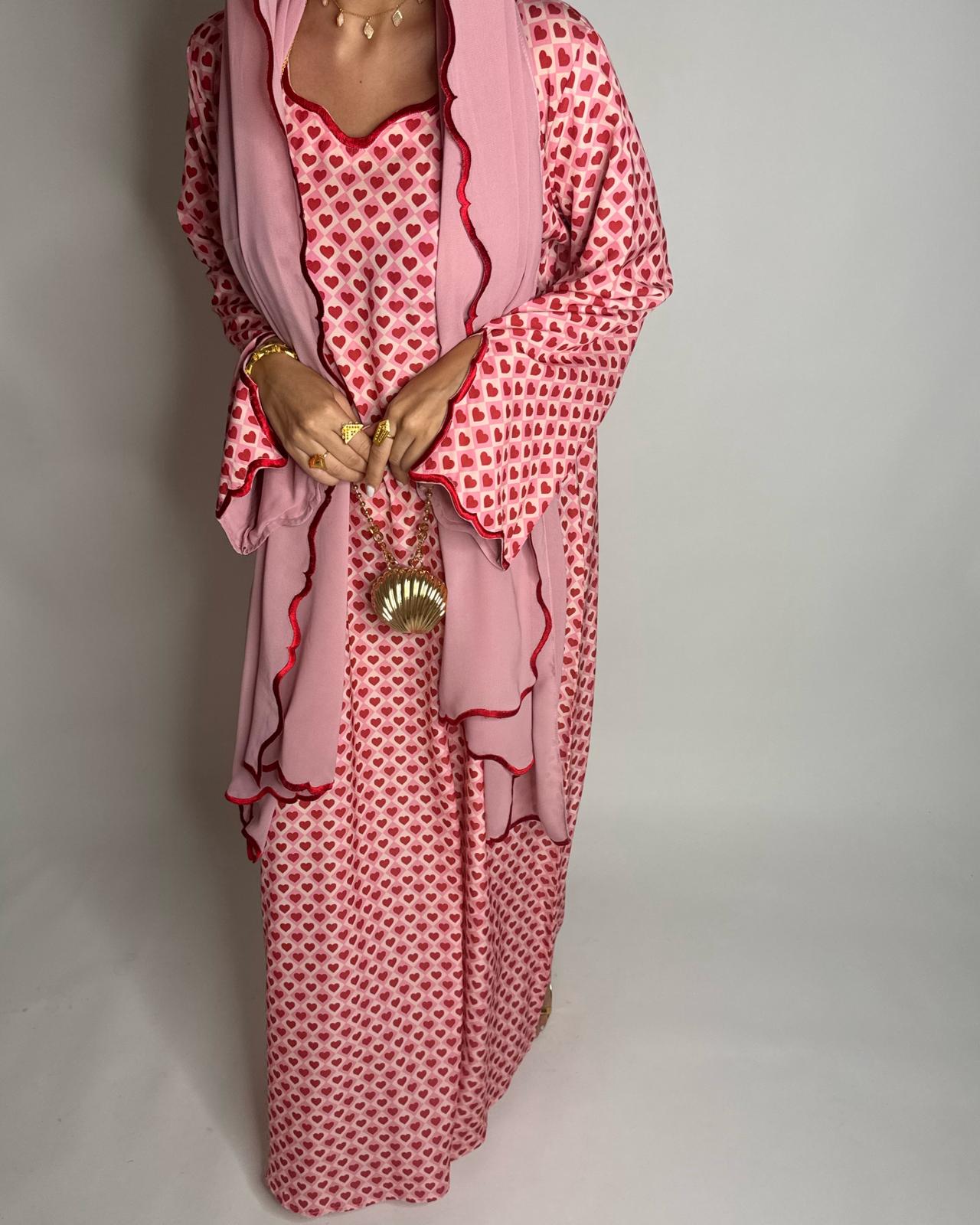 A510 - Pink & Red Heart Pattern Jalabiya and Head Scarf