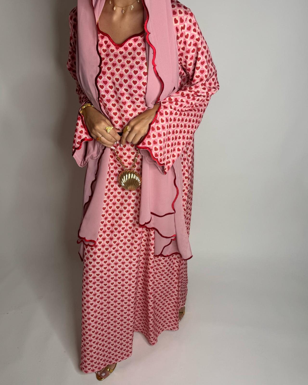 A510 - Pink & Red Heart Pattern Jalabiya and Head Scarf