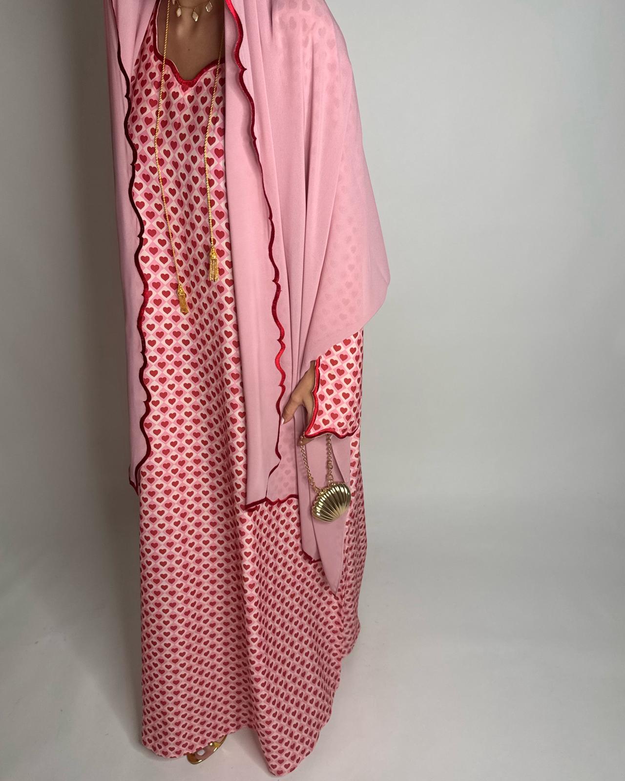 A510 - Pink & Red Heart Pattern Jalabiya and Head Scarf
