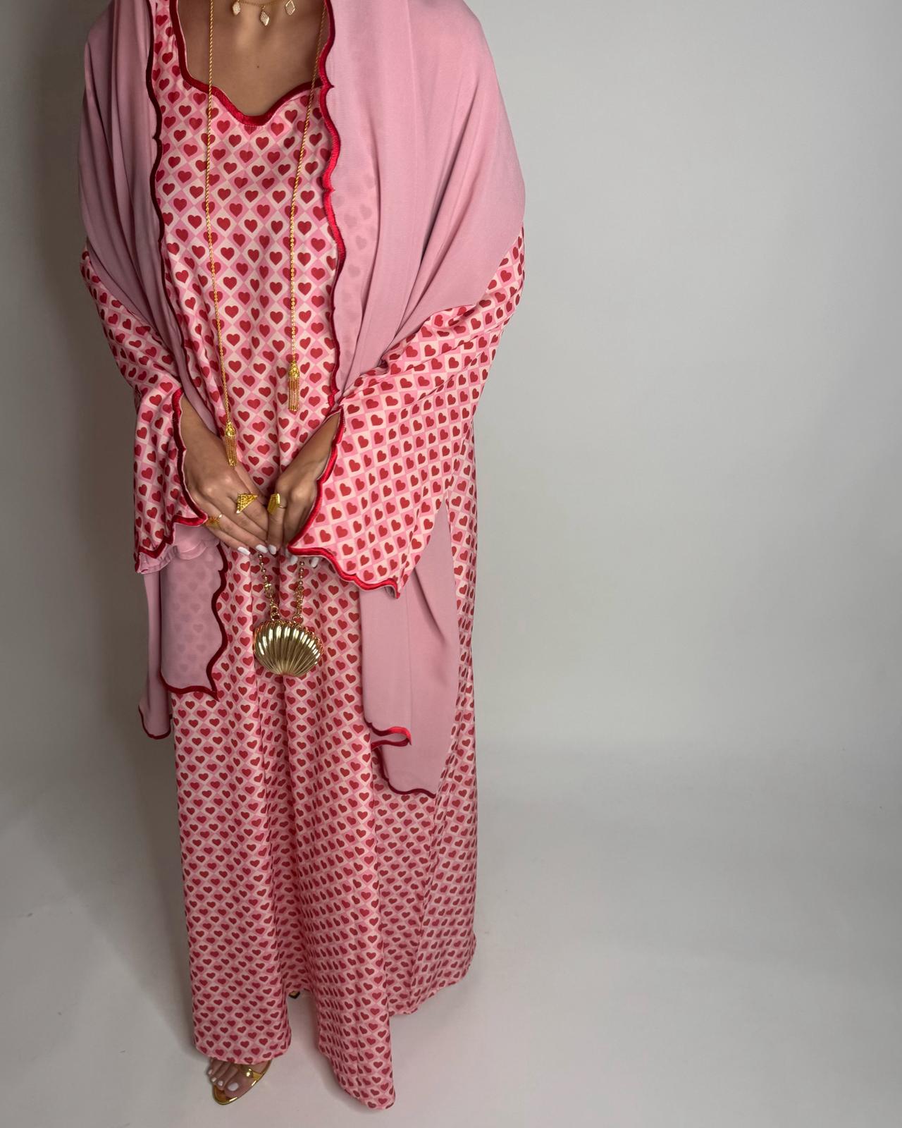 A510 - Pink & Red Heart Pattern Jalabiya and Head Scarf