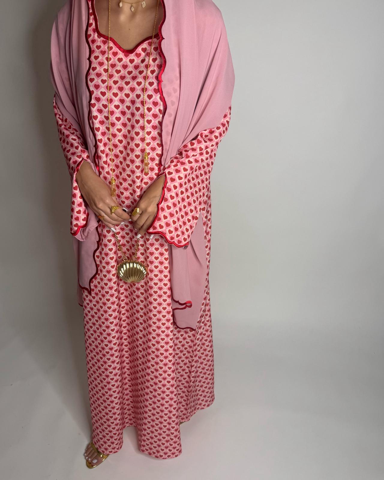 A510 - Pink & Red Heart Pattern Jalabiya and Head Scarf