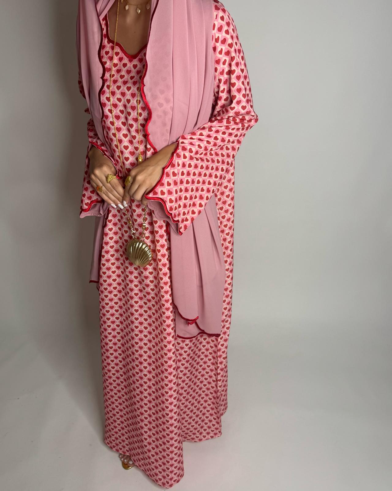 A510 - Pink & Red Heart Pattern Jalabiya and Head Scarf