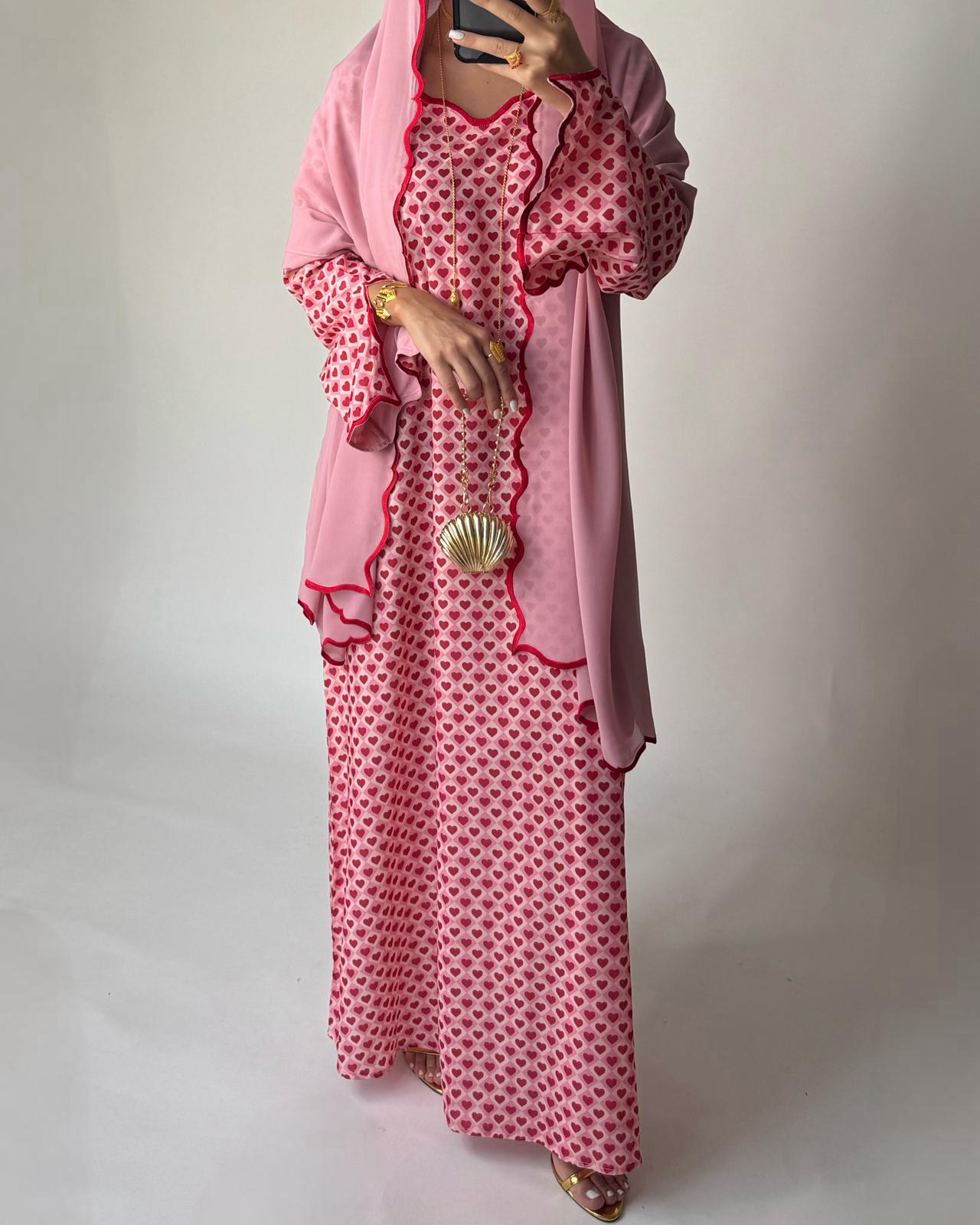 A510 - Pink & Red Heart Pattern Jalabiya and Head Scarf