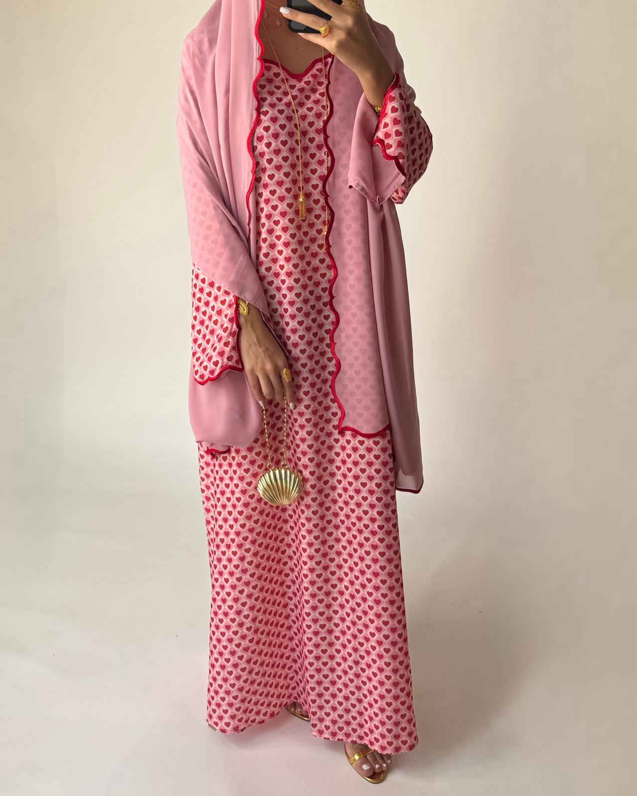A510 - Pink & Red Heart Pattern Jalabiya and Head Scarf