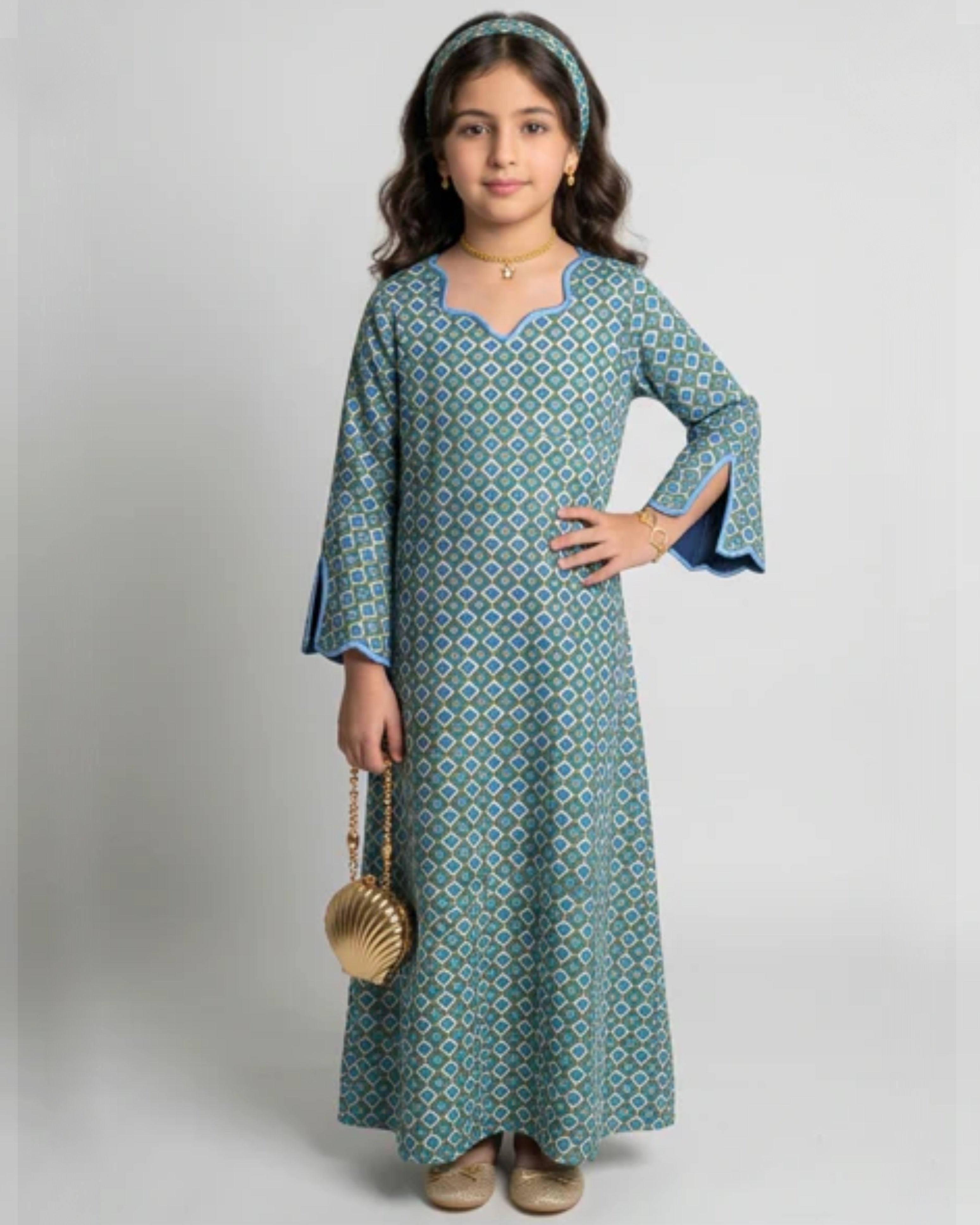 A554 - KIDS Blue & Green Heart Pattern Jalabiya & Head Band