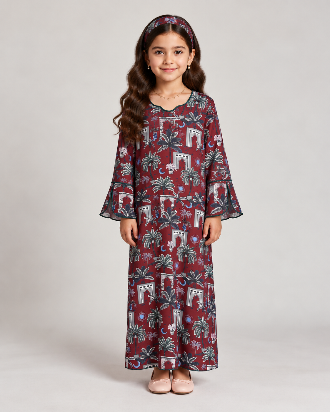 A665 - KIDS Maroon & Green Moon & Palm Tree Pattern Jalabiya & Head Band