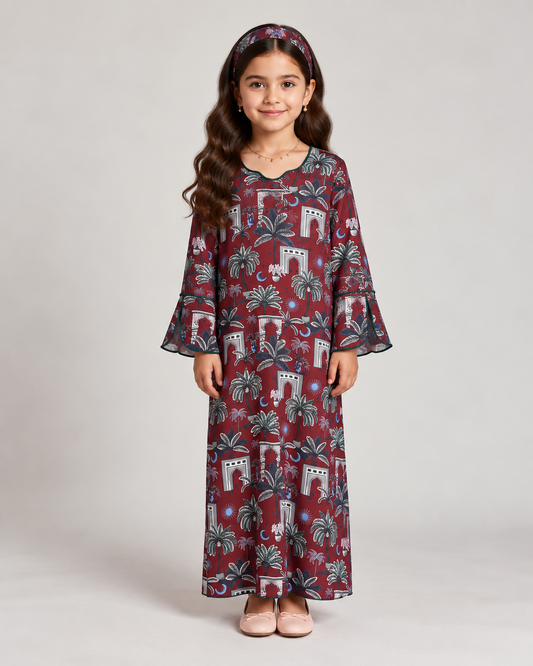 A665 - KIDS Maroon & Green Moon & Palm Tree Pattern Jalabiya & Head Band
