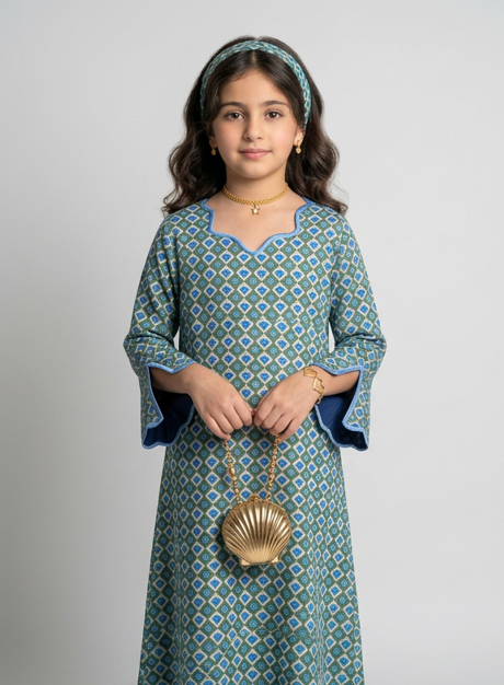A554 - KIDS Blue & Green Heart Pattern Jalabiya & Head Band