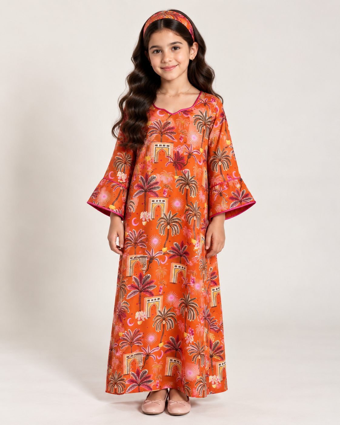 A664 - Orange & Pink Moon & Palm Tree Pattern Jalabiya & Head Band