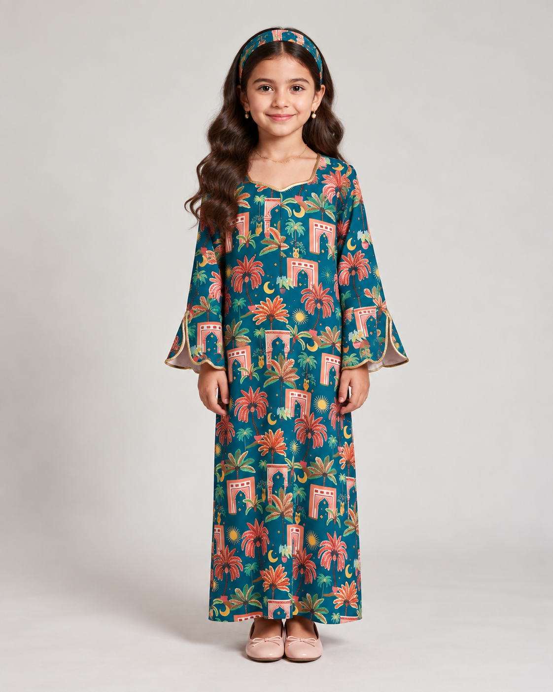 A661 - KIDS Blue & Peach Moon & Palm Tree Pattern Jalabiya & Head Band