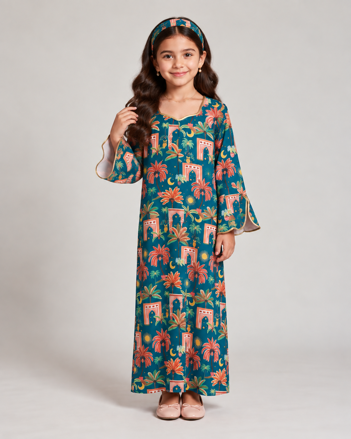 A661 - KIDS Blue & Peach Moon & Palm Tree Pattern Jalabiya & Head Band