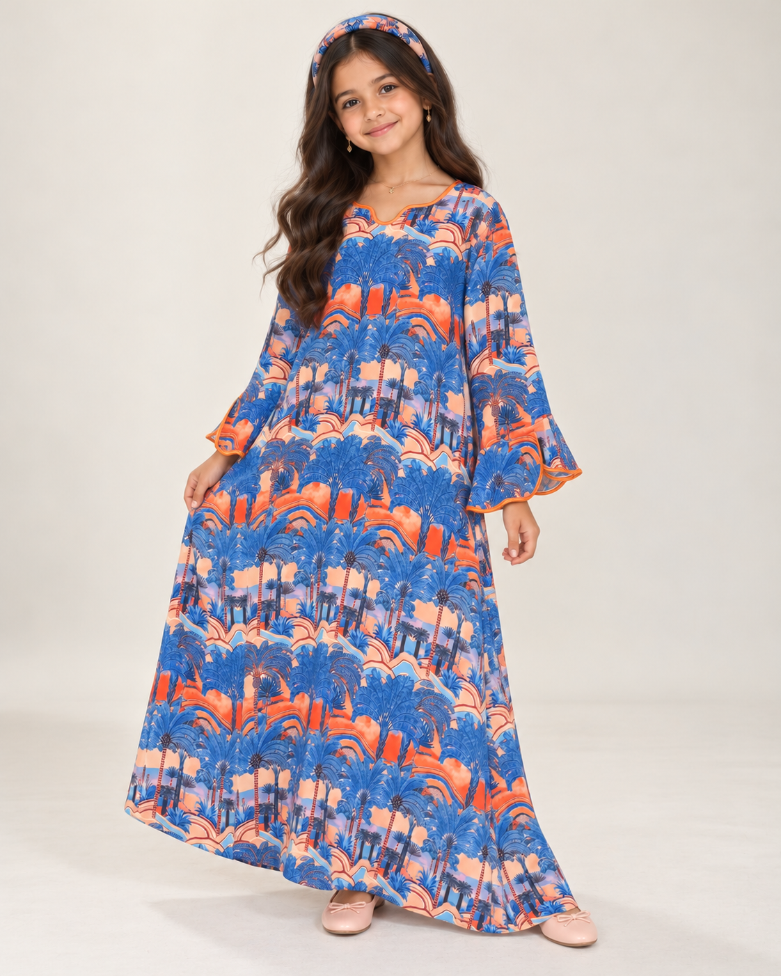 A667 - KIDS Royal Blue & Orange Palm Tree Pattern Jalabiya & Head Band