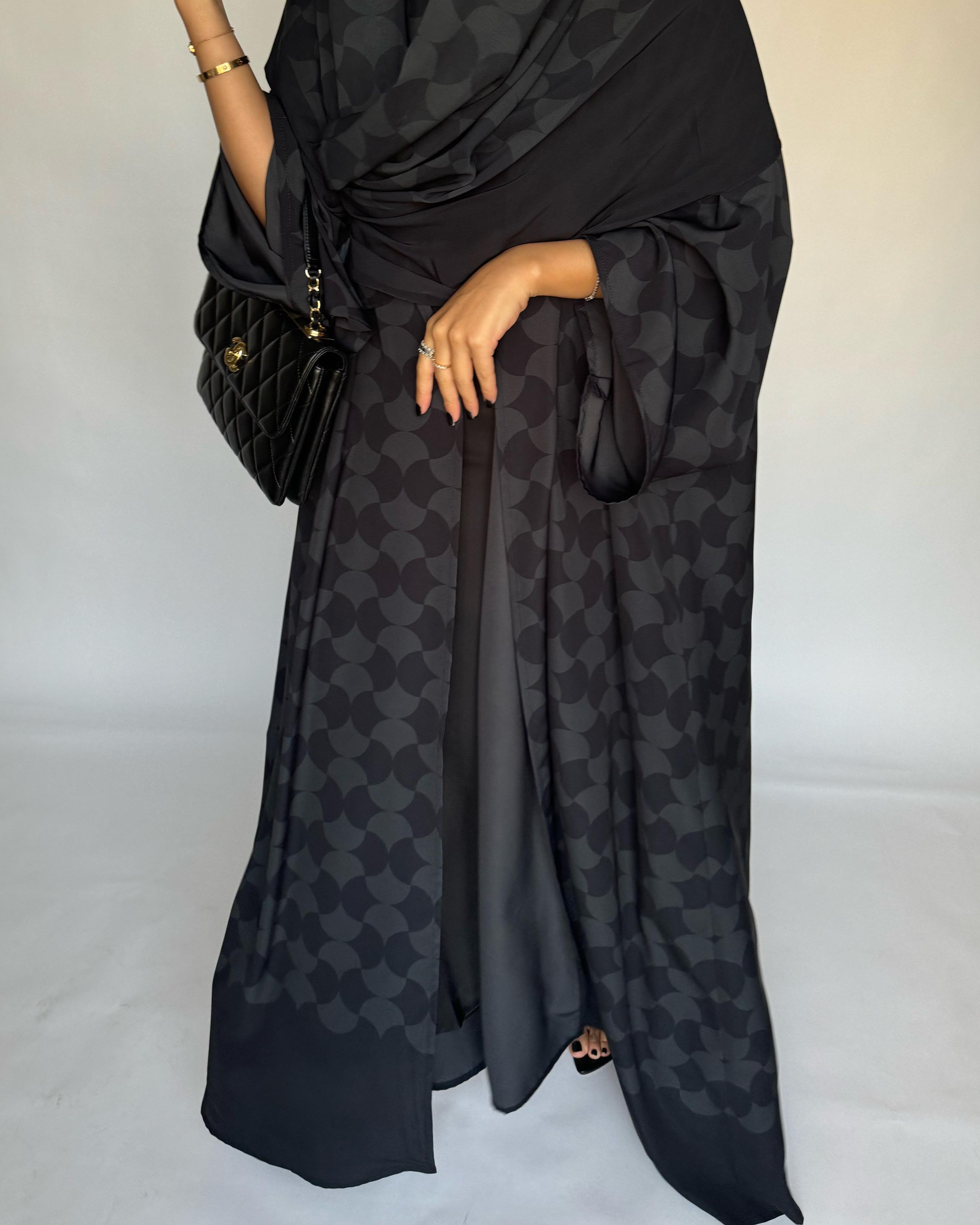 A279 Black Gray Half Bisht Pattern Abaya Matching Head Scarf