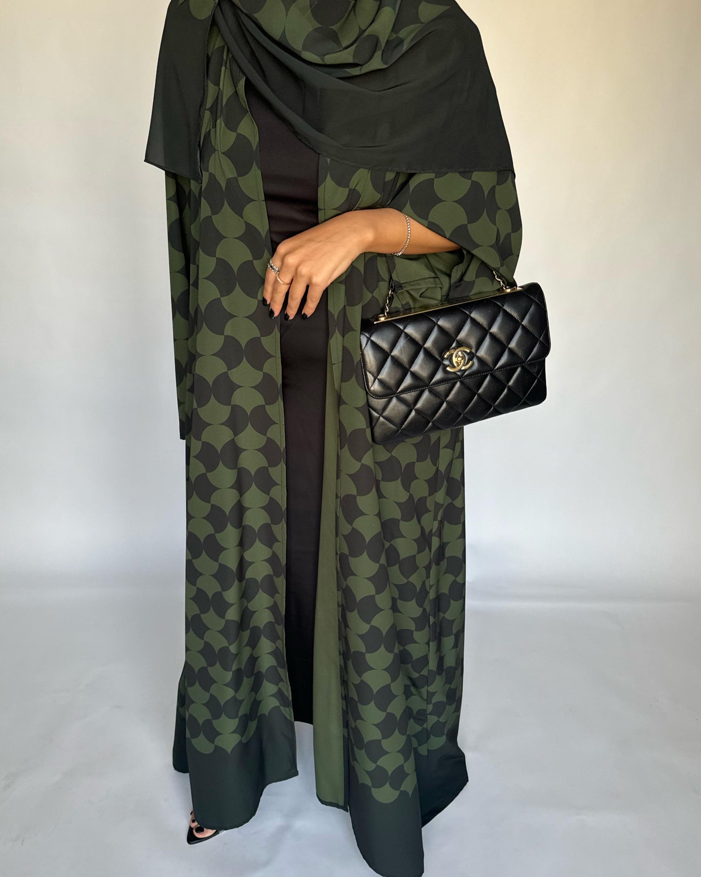 A280 - Shades of  Olive Green Half Bisht Pattern Abaya & Matching Head Scarf (READY TO SHIP)