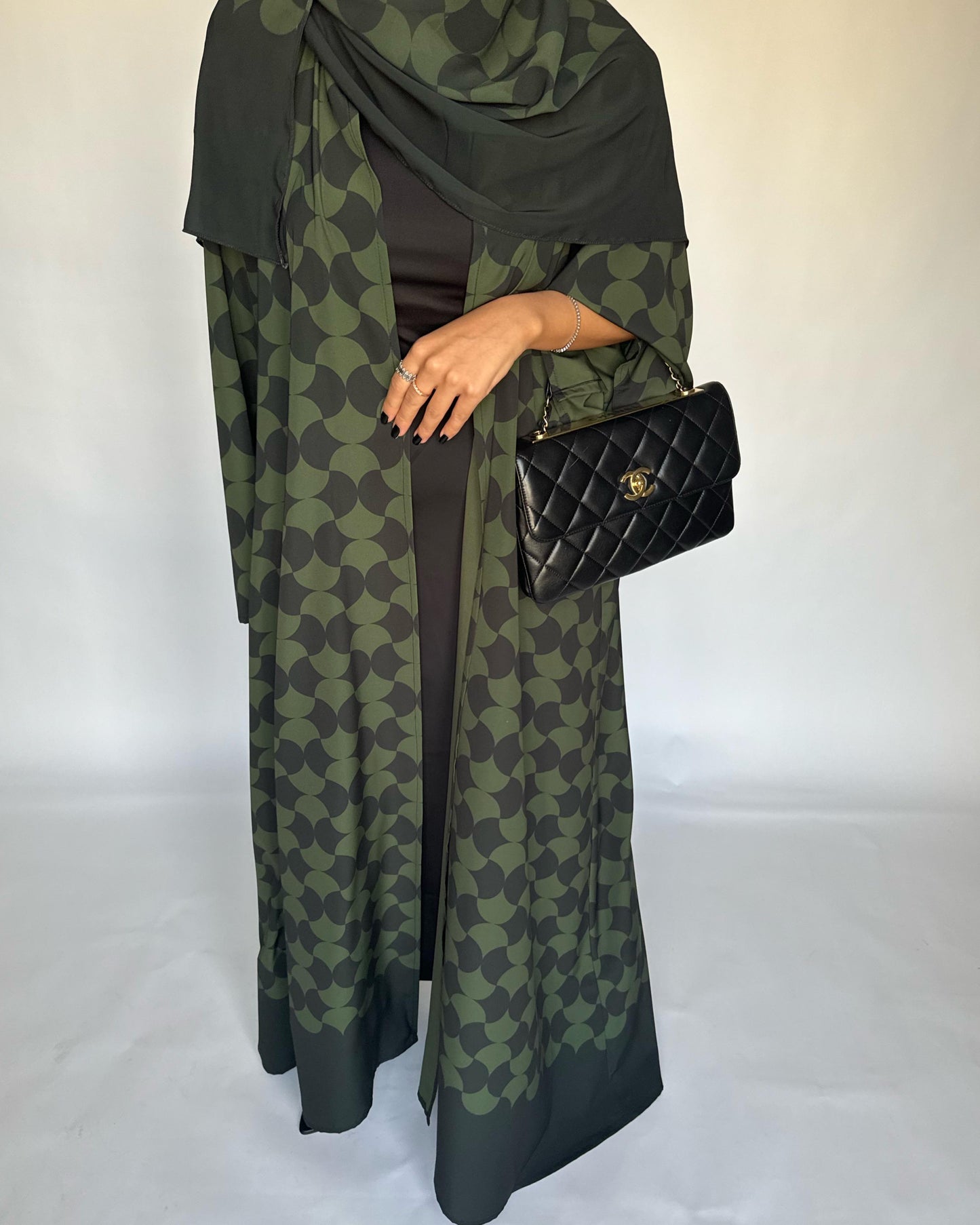 A280 - Shades of  Olive Green Half Bisht Pattern Abaya & Matching Head Scarf (READY TO SHIP)