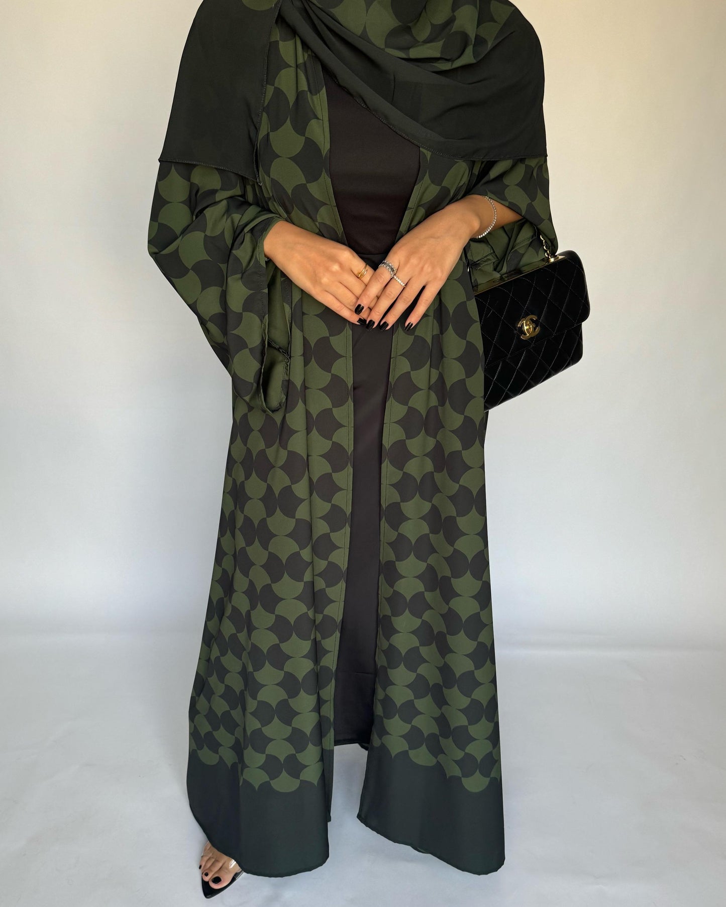 A280 - Shades of  Olive Green Half Bisht Pattern Abaya & Matching Head Scarf (READY TO SHIP)