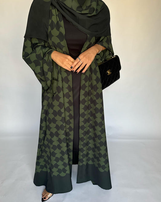 A280 - Shades of  Olive Green Half Bisht Pattern Abaya & Matching Head Scarf (READY TO SHIP)