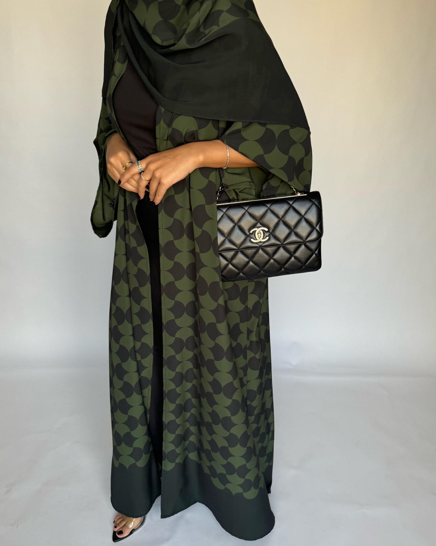 A280 - Shades of  Olive Green Half Bisht Pattern Abaya & Matching Head Scarf (READY TO SHIP)
