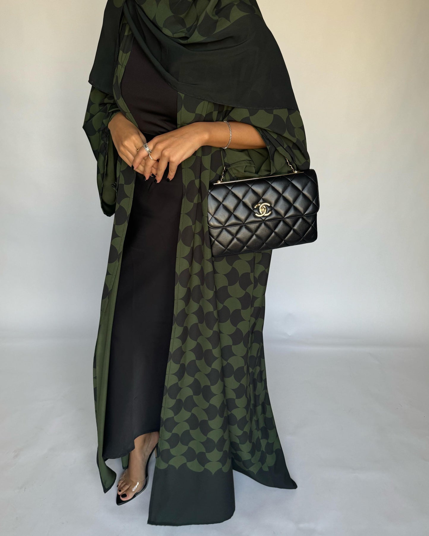 A280 - Shades of  Olive Green Half Bisht Pattern Abaya & Matching Head Scarf (READY TO SHIP)