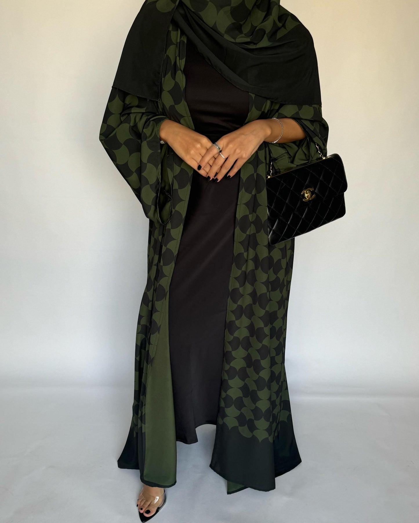 A280 - Shades of  Olive Green Half Bisht Pattern Abaya & Matching Head Scarf (READY TO SHIP)