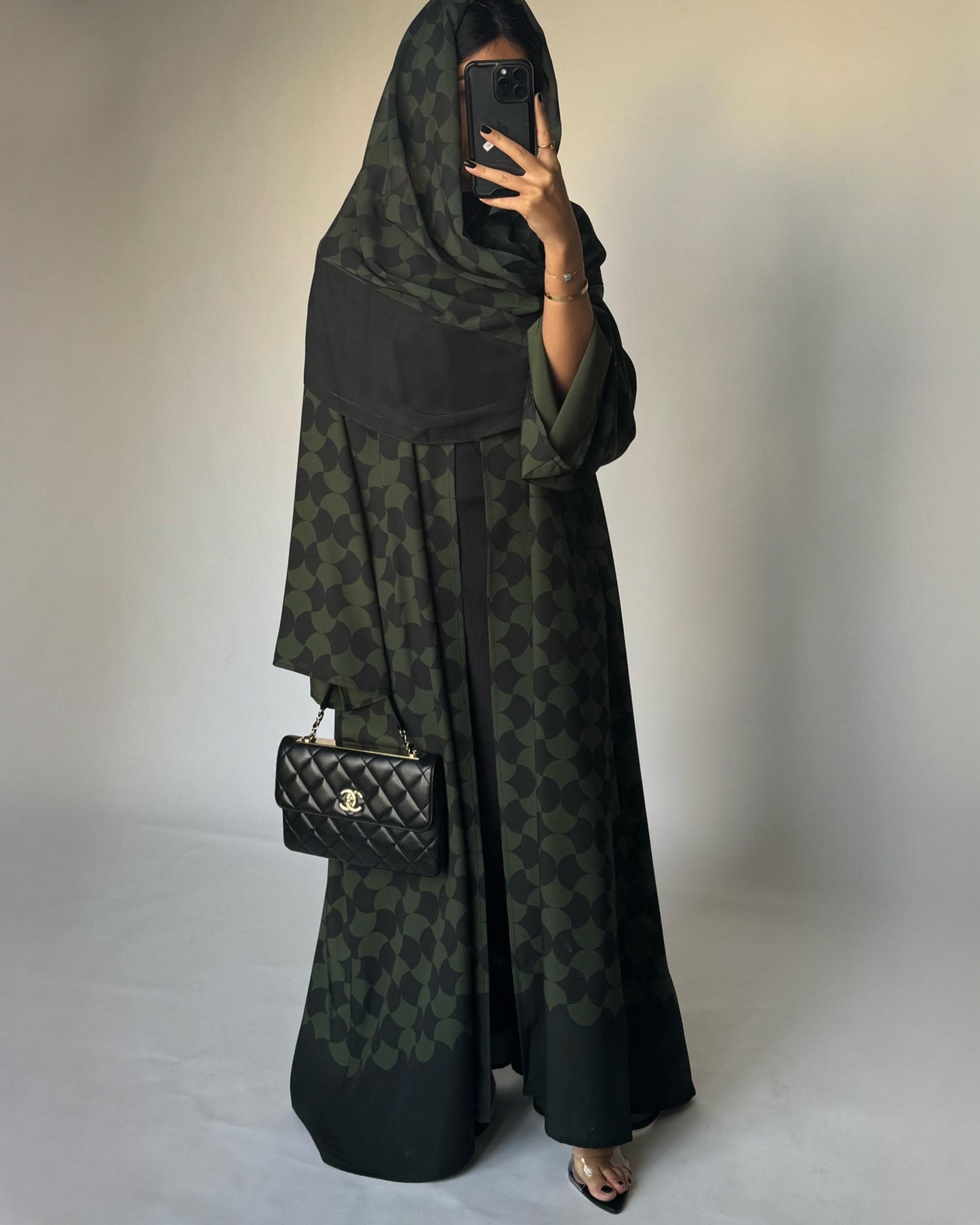 A280 - Shades of  Olive Green Half Bisht Pattern Abaya & Matching Head Scarf (READY TO SHIP)