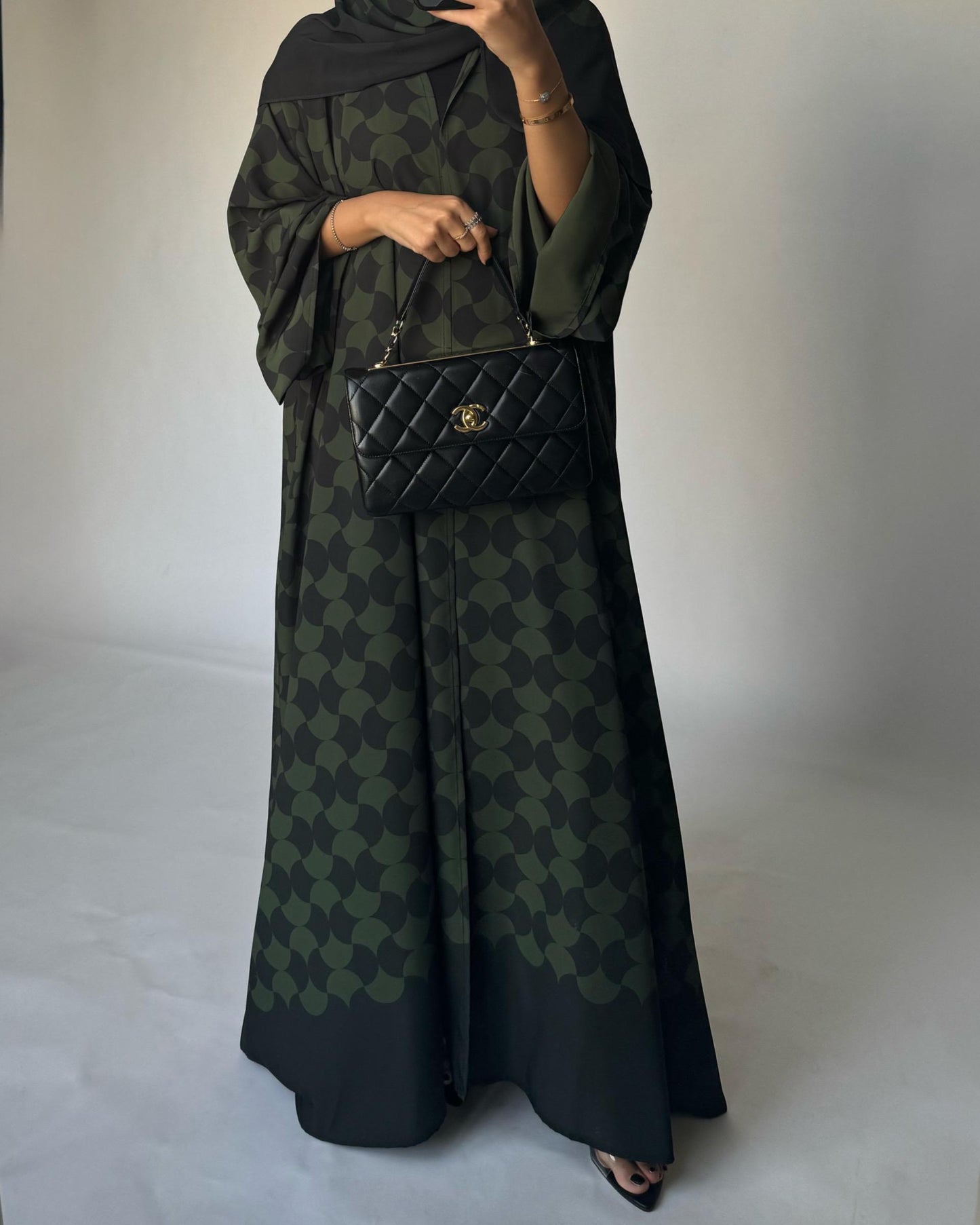 A280 - Shades of  Olive Green Half Bisht Pattern Abaya & Matching Head Scarf (READY TO SHIP)