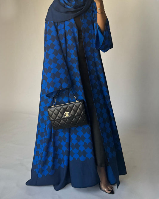 A278 - Shades of Blue Half Bisht Pattern Abaya & Matching Head Scarf (READY TO SHIP)