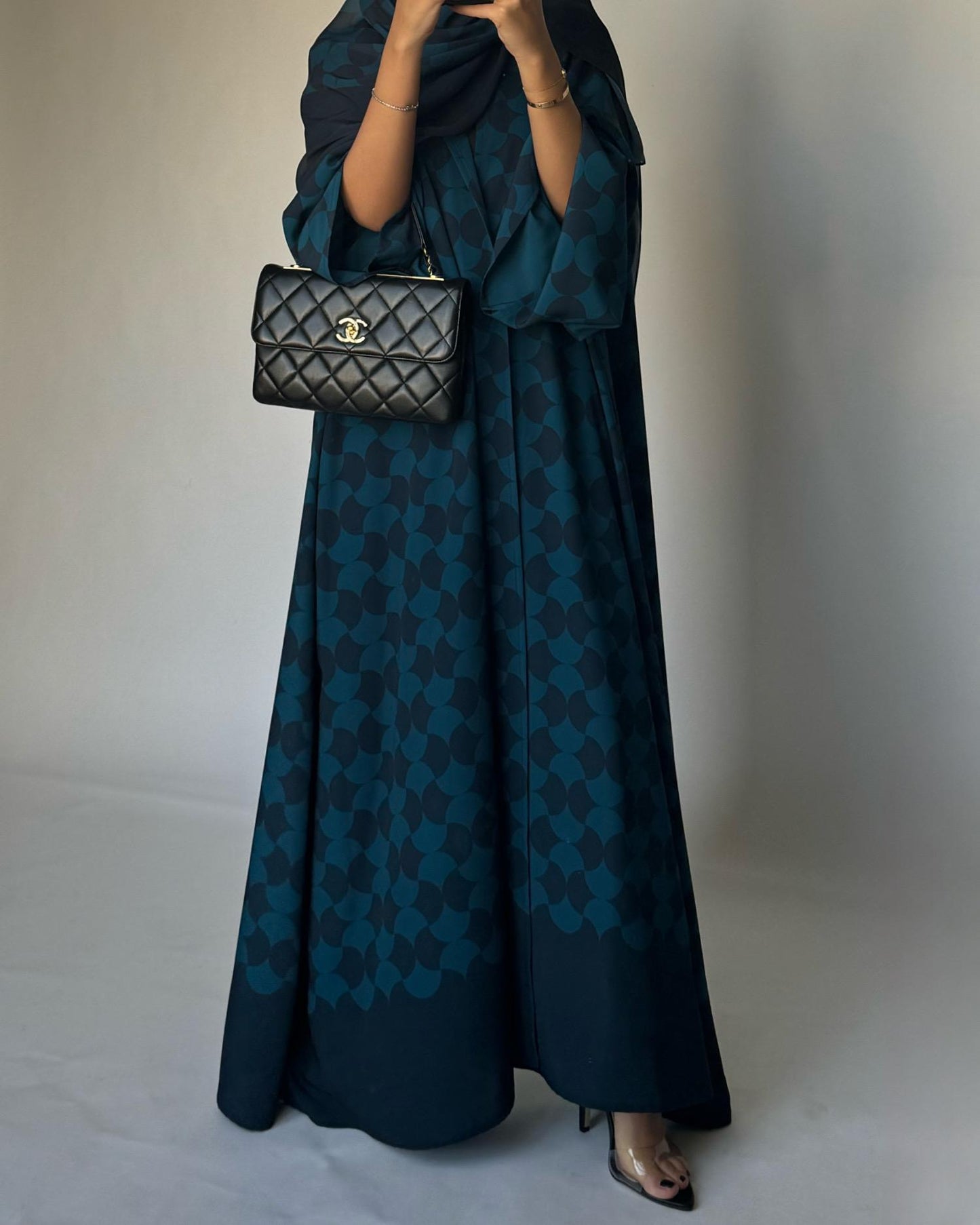 A281 - Shades of  Blue Half Bisht Pattern Abaya & Matching Head Scarf (READY TO SHIP)