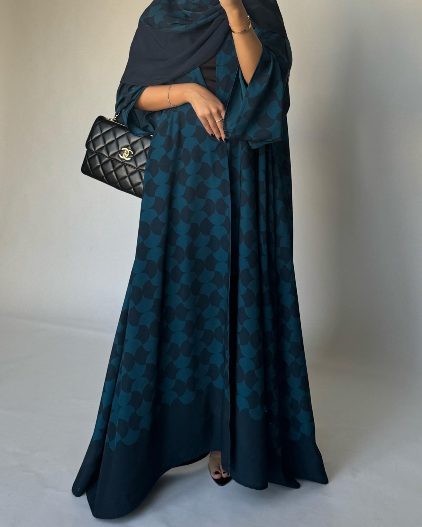 A281 - Shades of  Blue Half Bisht Pattern Abaya & Matching Head Scarf (READY TO SHIP)