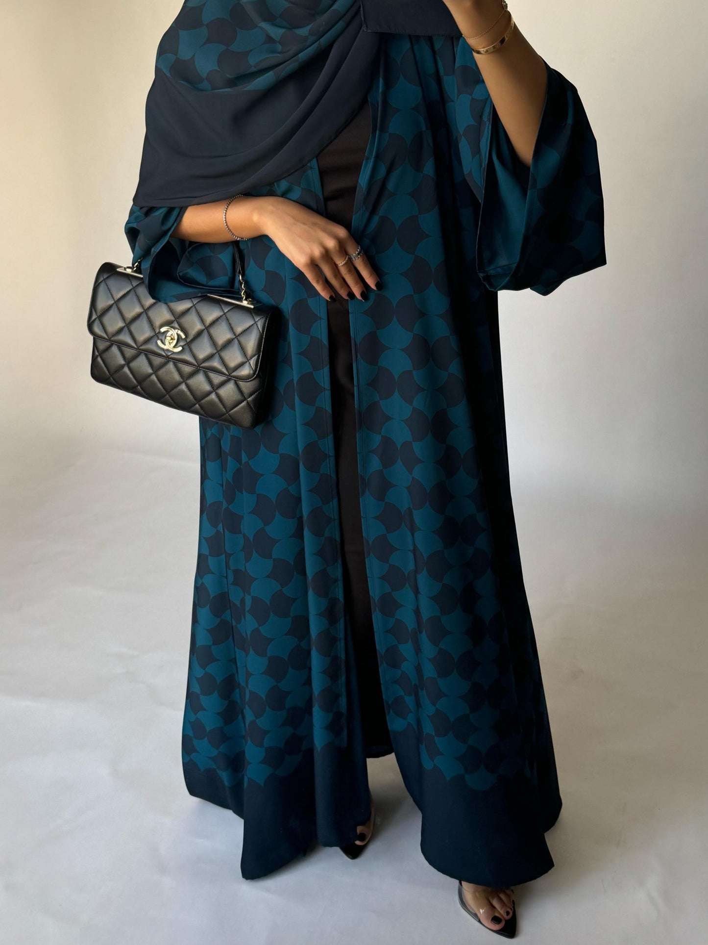 A281 - Shades of  Blue Half Bisht Pattern Abaya & Matching Head Scarf (READY TO SHIP)