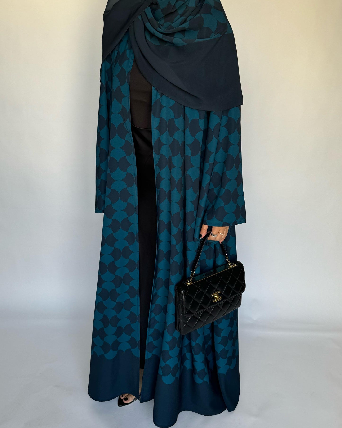 A281 - Shades of  Blue Half Bisht Pattern Abaya & Matching Head Scarf (READY TO SHIP)