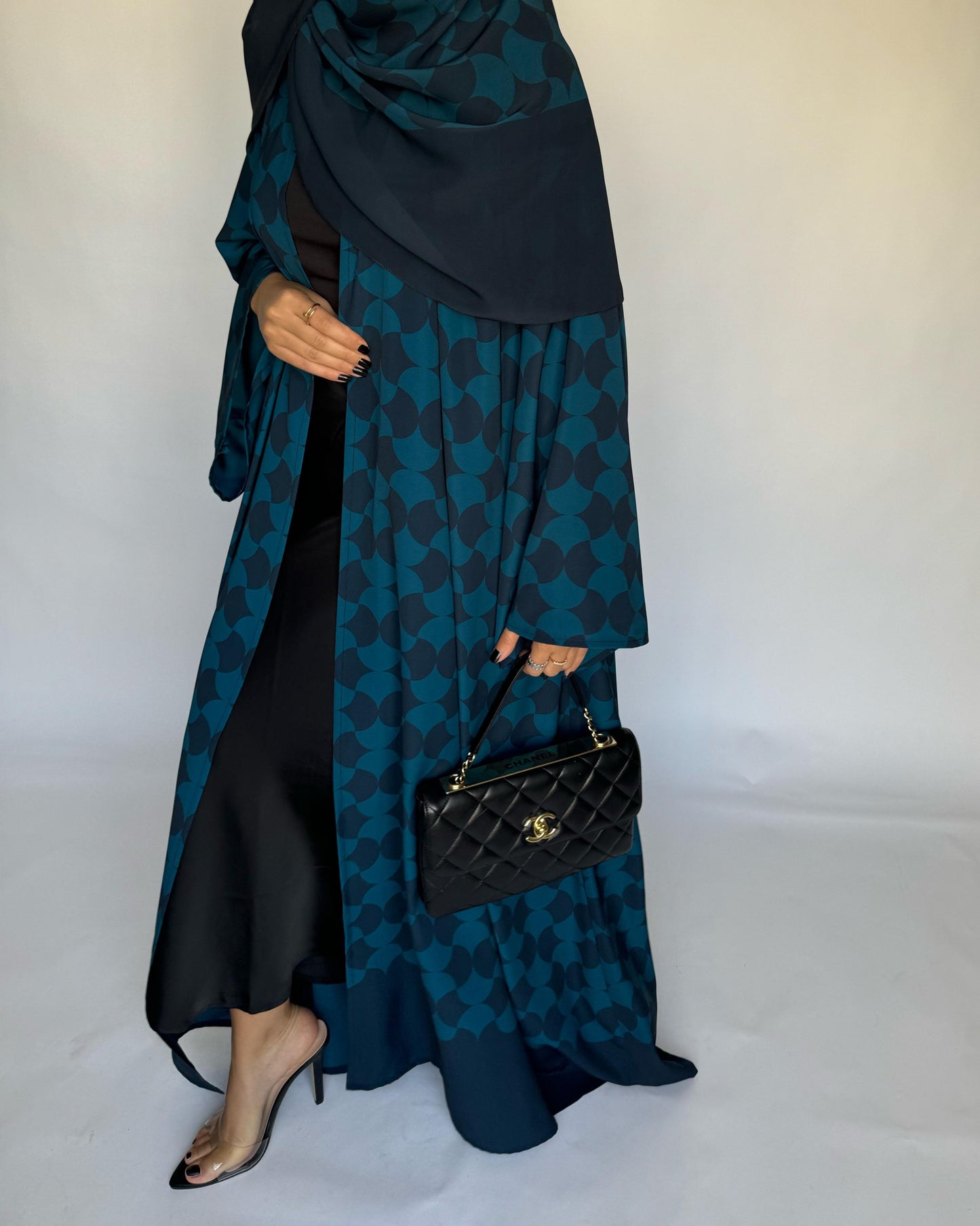 A281 - Shades of  Blue Half Bisht Pattern Abaya & Matching Head Scarf (READY TO SHIP)