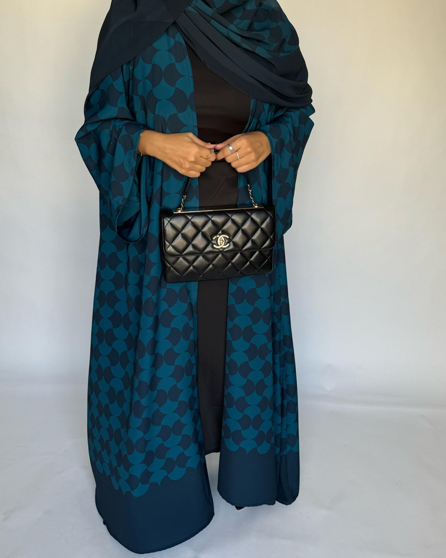 A281 - Shades of  Blue Half Bisht Pattern Abaya & Matching Head Scarf (READY TO SHIP)