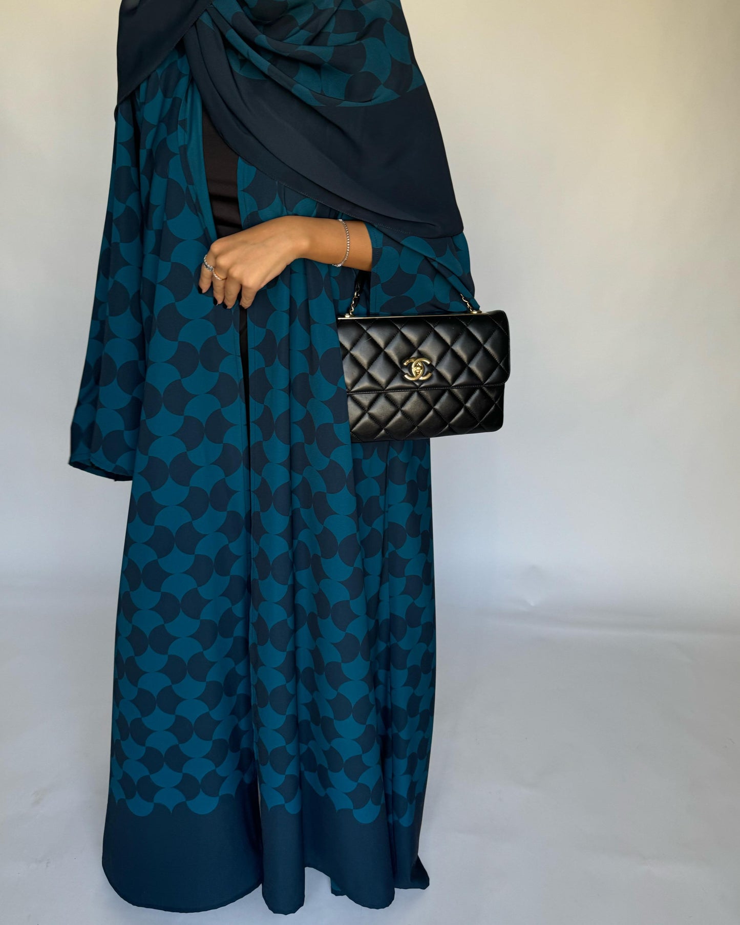 A281 - Shades of  Blue Half Bisht Pattern Abaya & Matching Head Scarf (READY TO SHIP)