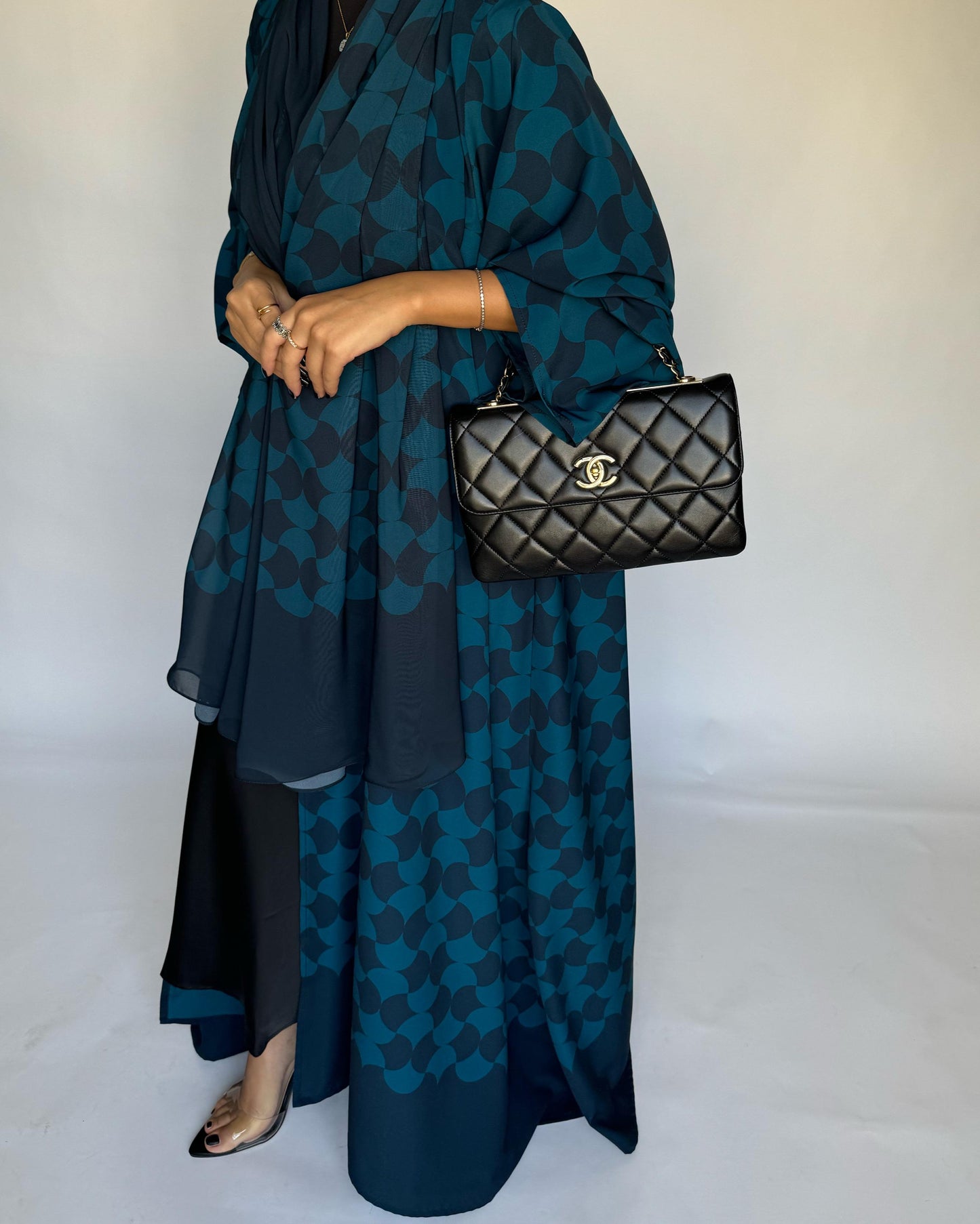 A281 - Shades of  Blue Half Bisht Pattern Abaya & Matching Head Scarf (READY TO SHIP)