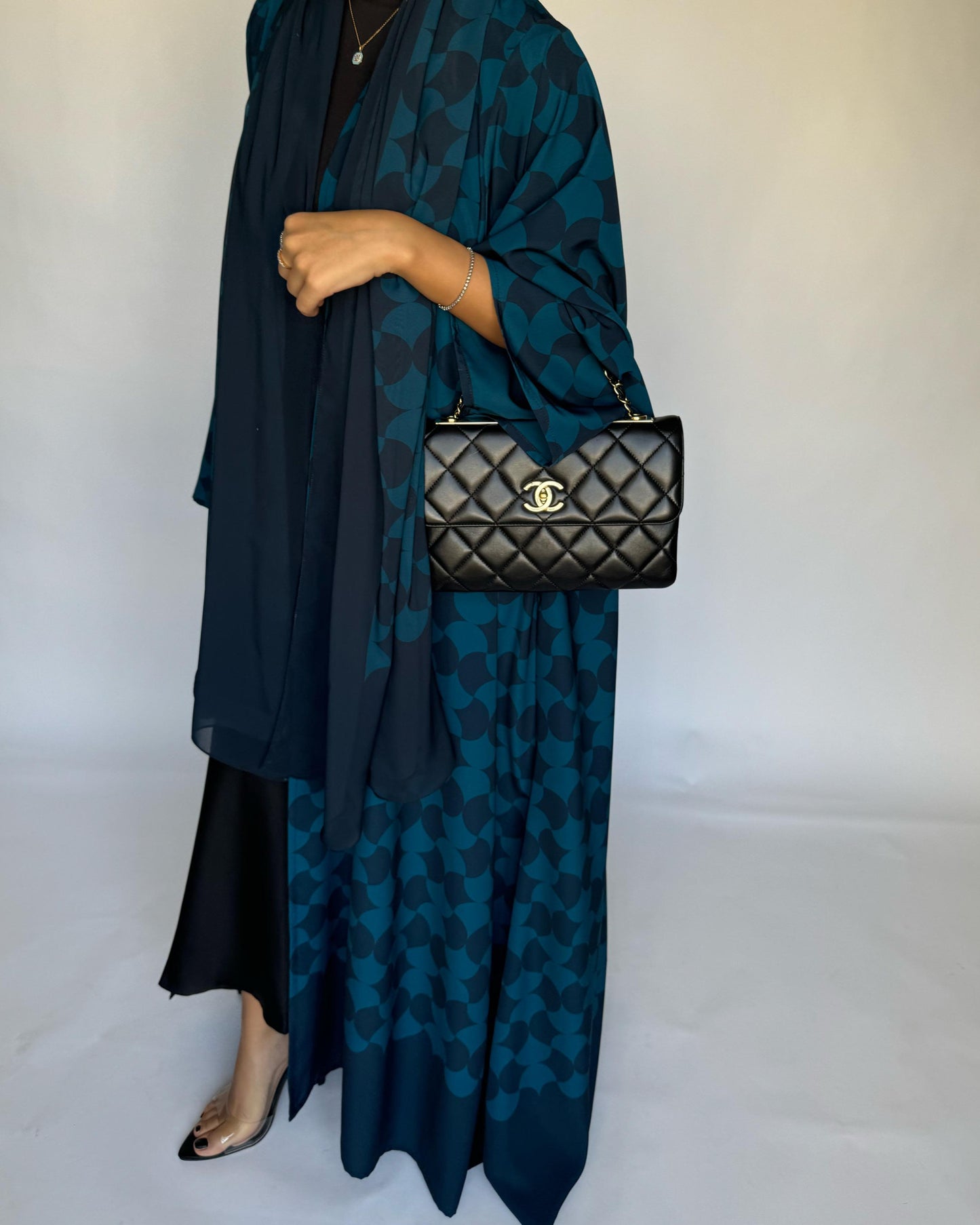 A281 - Shades of  Blue Half Bisht Pattern Abaya & Matching Head Scarf (READY TO SHIP)
