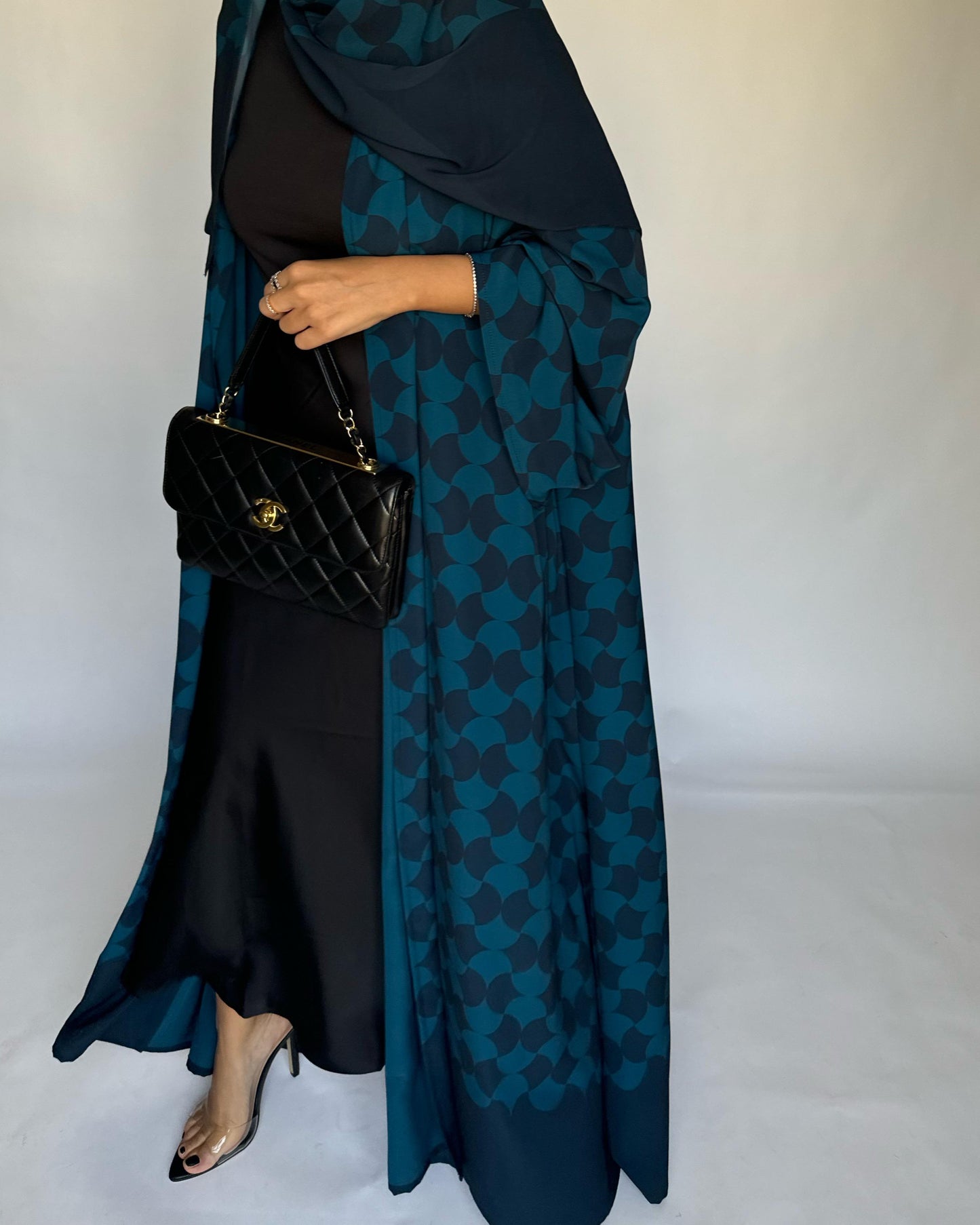 A281 - Shades of  Blue Half Bisht Pattern Abaya & Matching Head Scarf (READY TO SHIP)