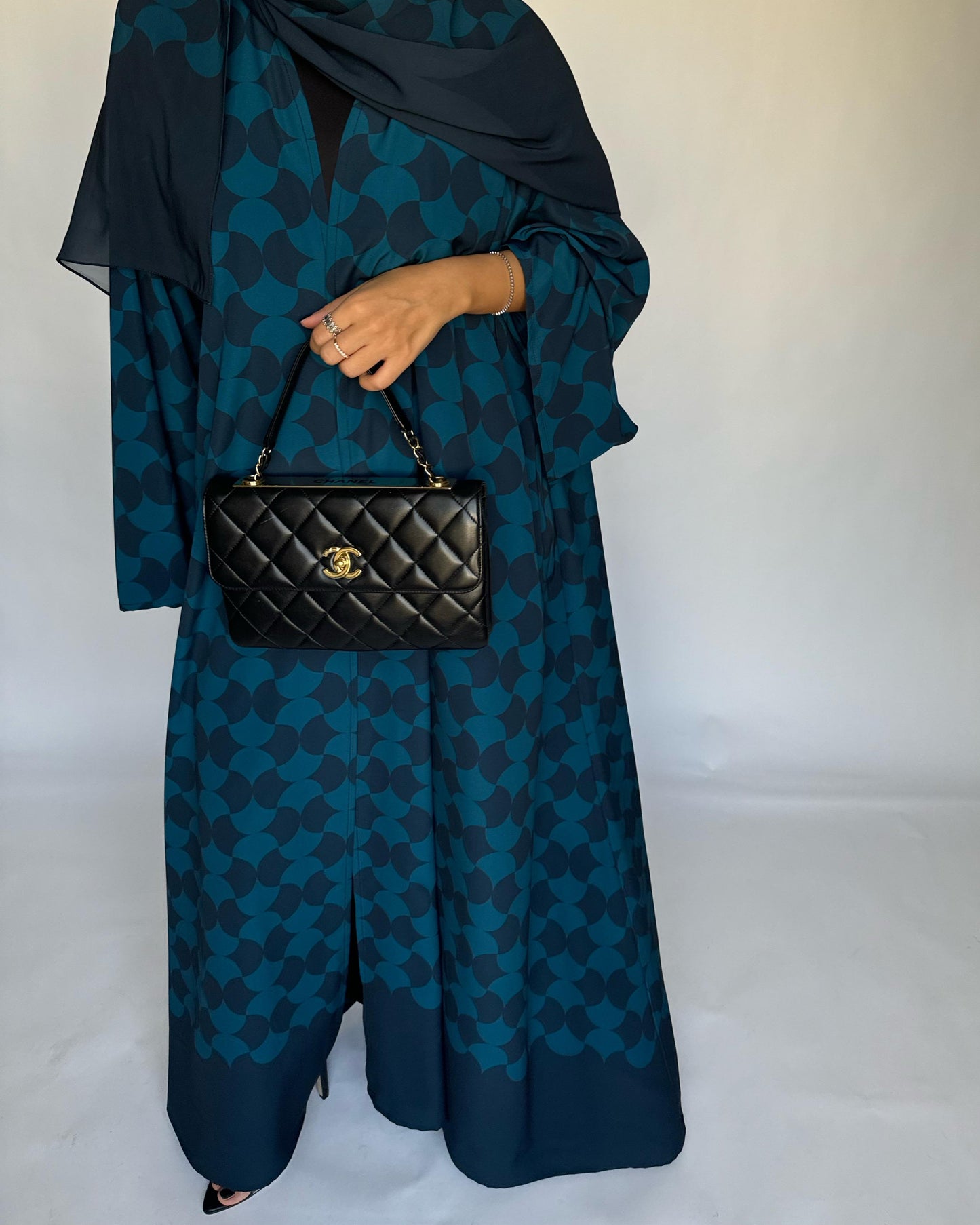 A281 - Shades of  Blue Half Bisht Pattern Abaya & Matching Head Scarf (READY TO SHIP)