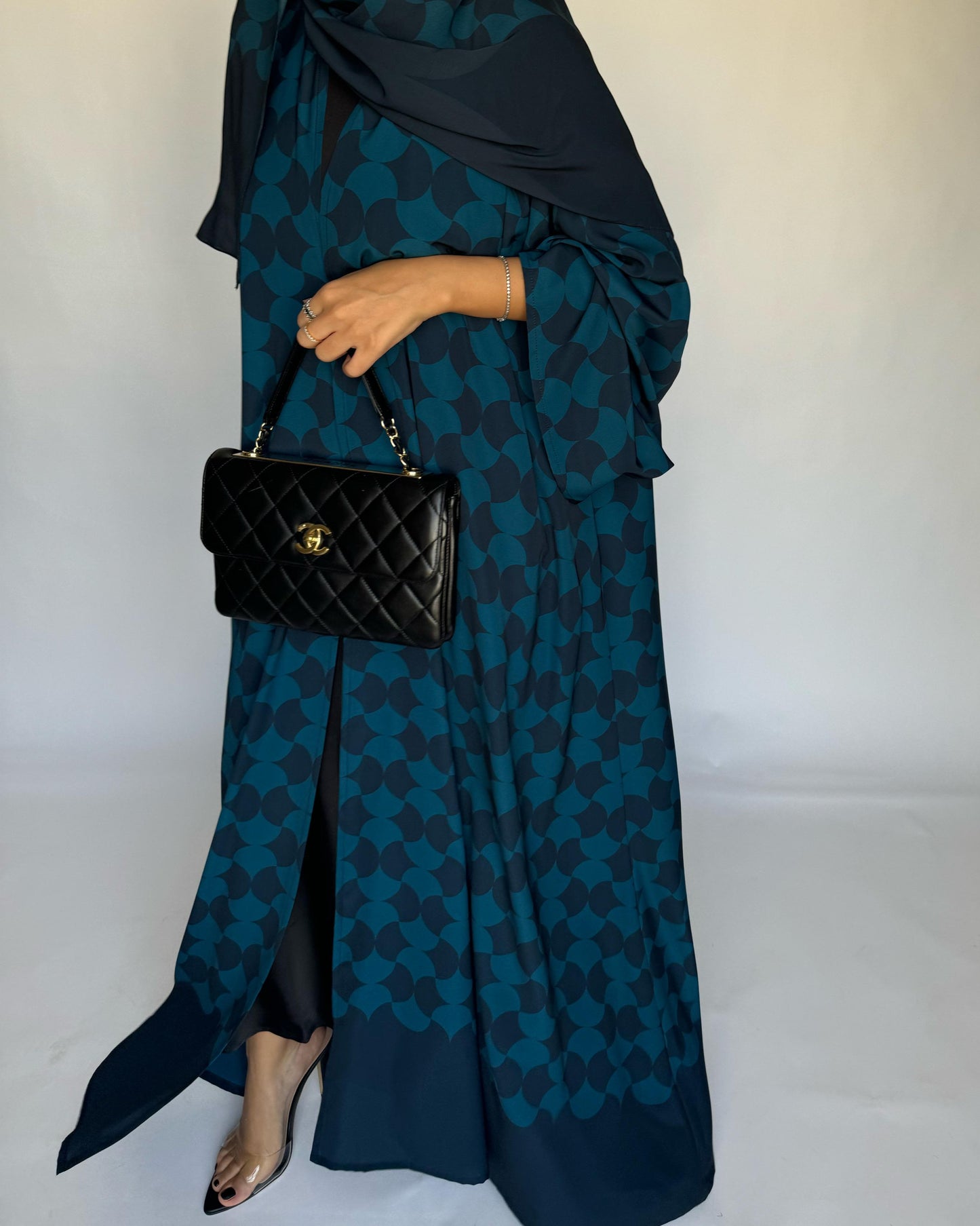 A281 - Shades of  Blue Half Bisht Pattern Abaya & Matching Head Scarf (READY TO SHIP)