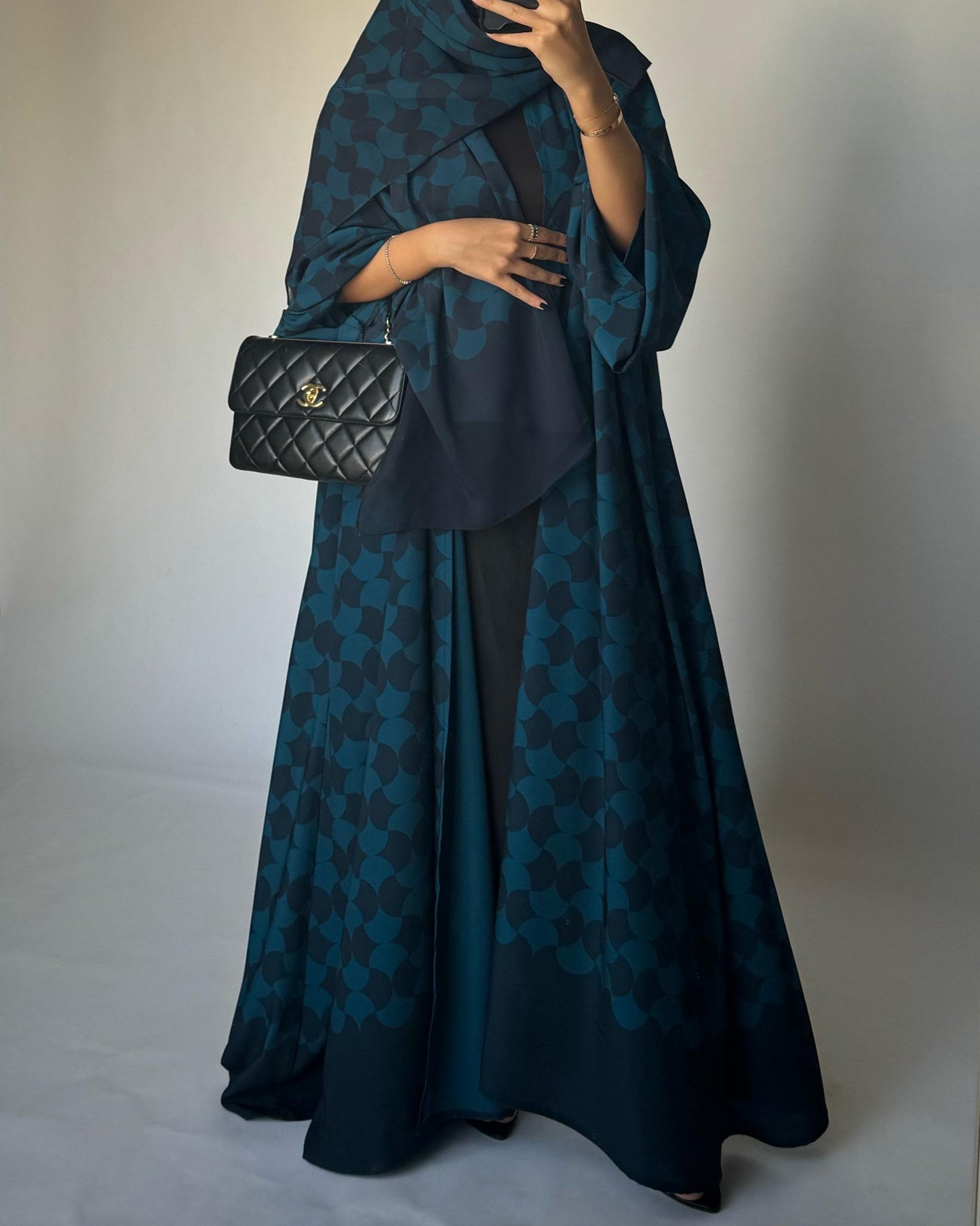 A281 - Shades of  Blue Half Bisht Pattern Abaya & Matching Head Scarf (READY TO SHIP)