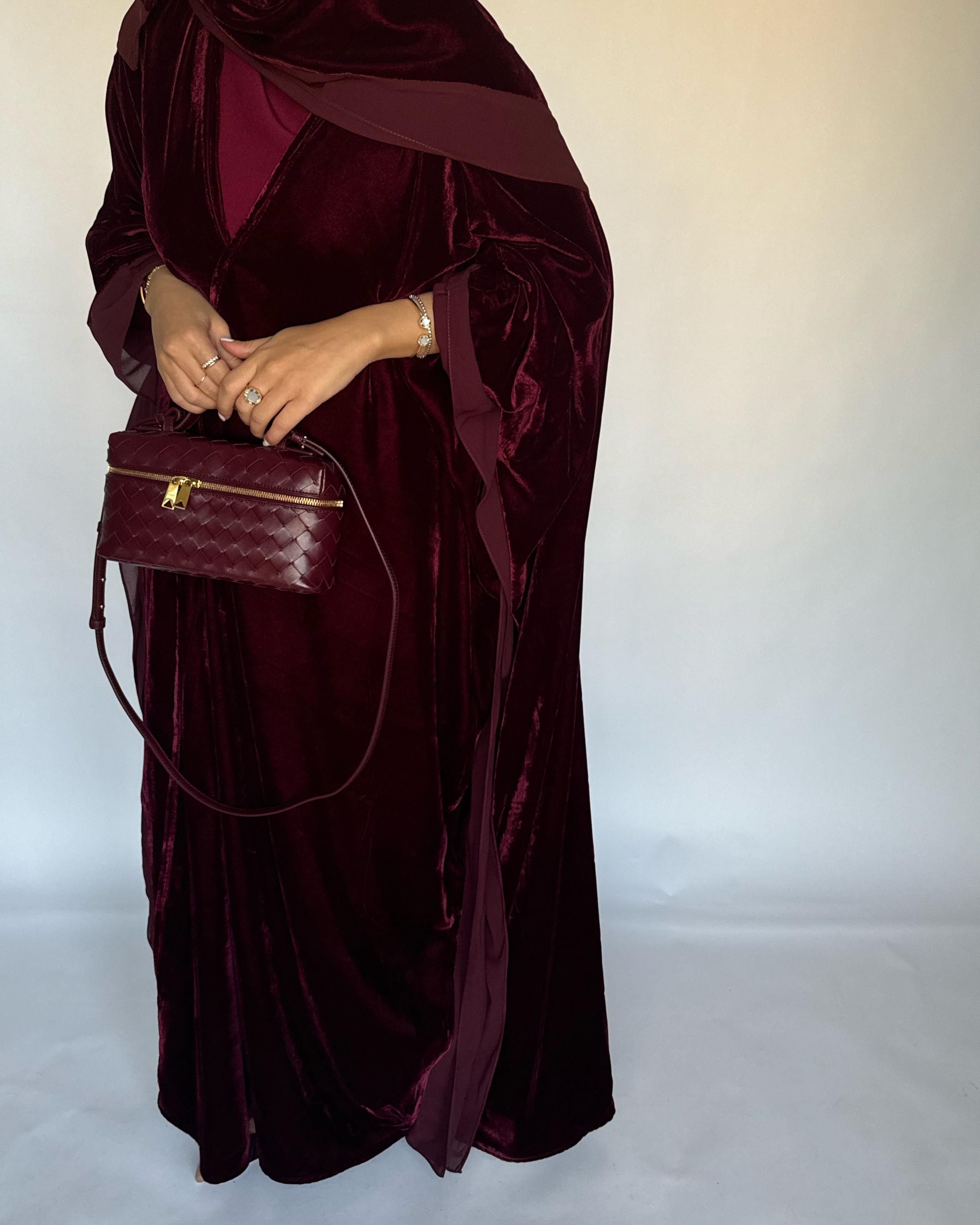 A138 - Maroon Burgandy Velvet Abaya, Velvet Head Scarf & Chiffon Dress alefbh.com A138 - Maroon Burgandy Velvet Abaya, Velvet Head Scarf & Chiffon Dress alefbh.com