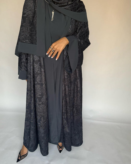 A297 - Grey Velvet Pattern A-Cut Abaya & Velvet Head Scarf (READY TO SHIP)