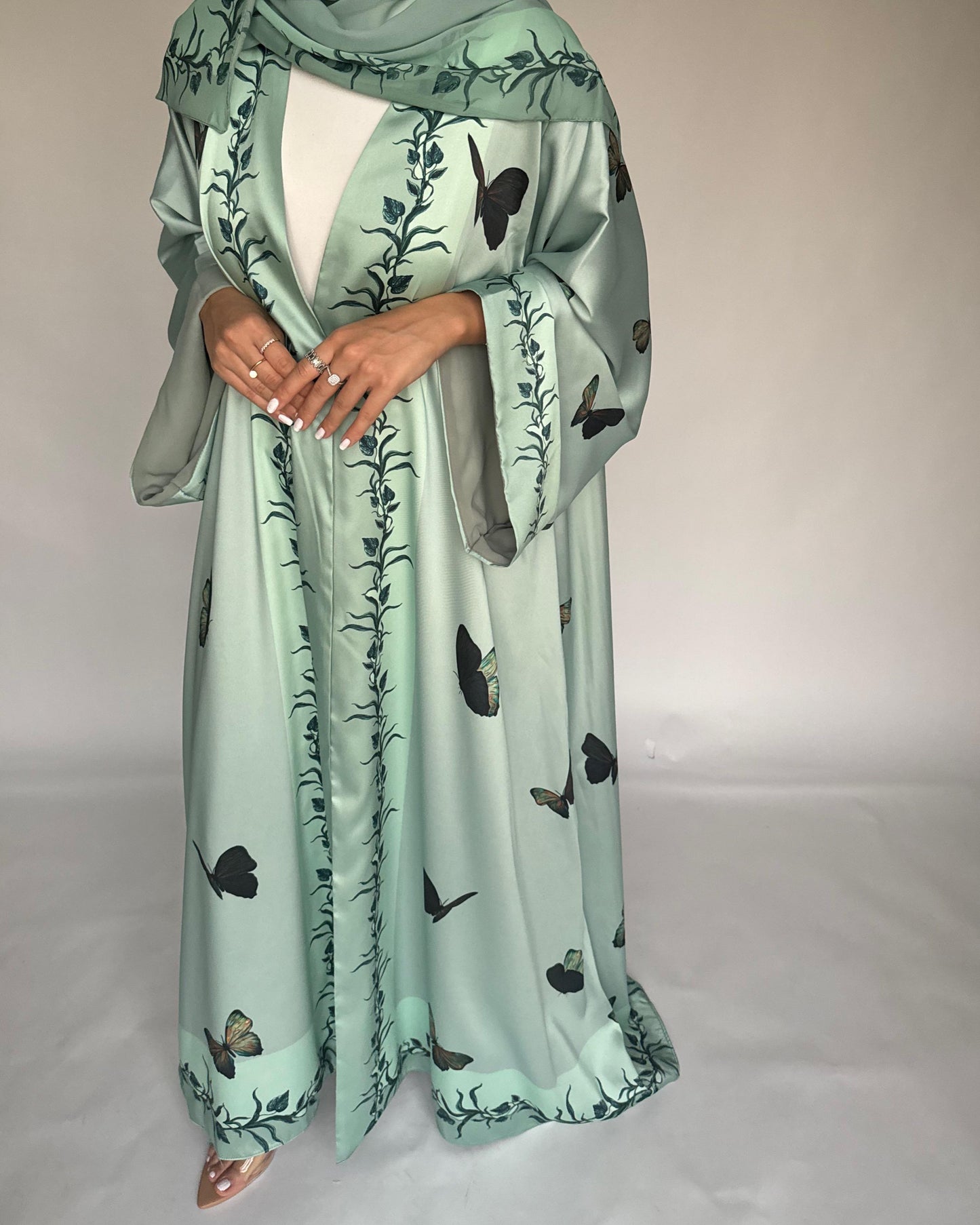 A311 - Mint Green Butterfly A-Cut Abaya (READY TO SHIP)